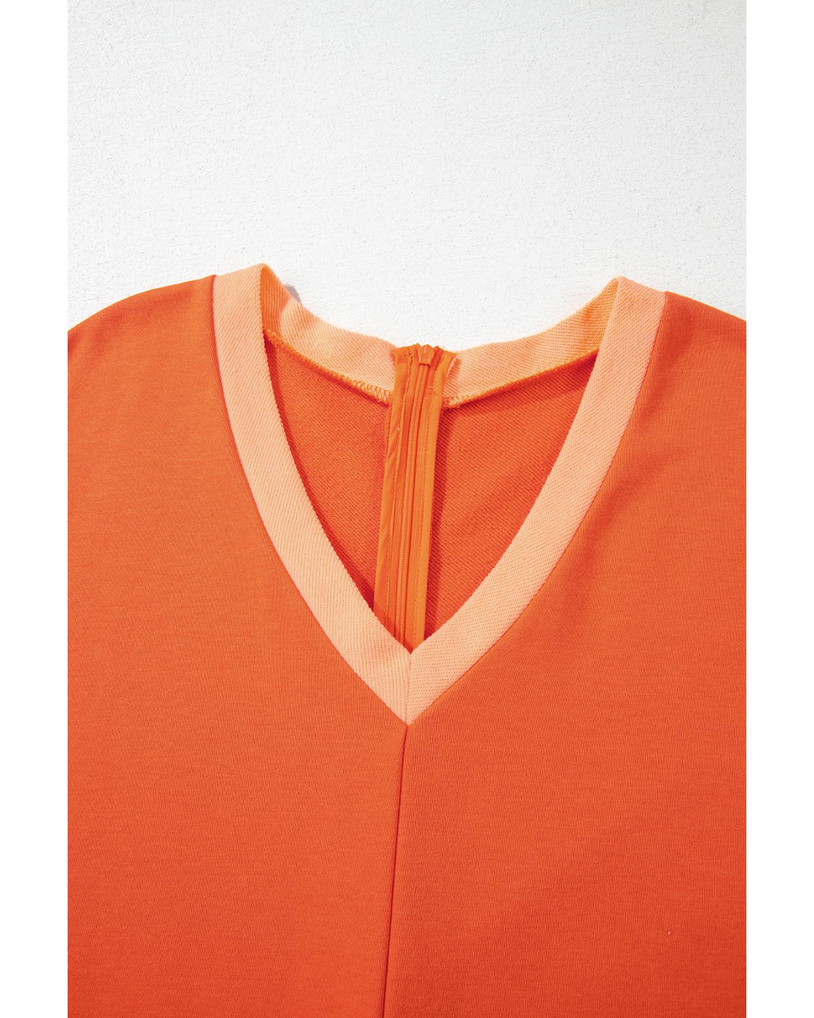 Russet Orange Two-tone Short Sleeve V Neck Patched Pocket Loose Romper - S 6