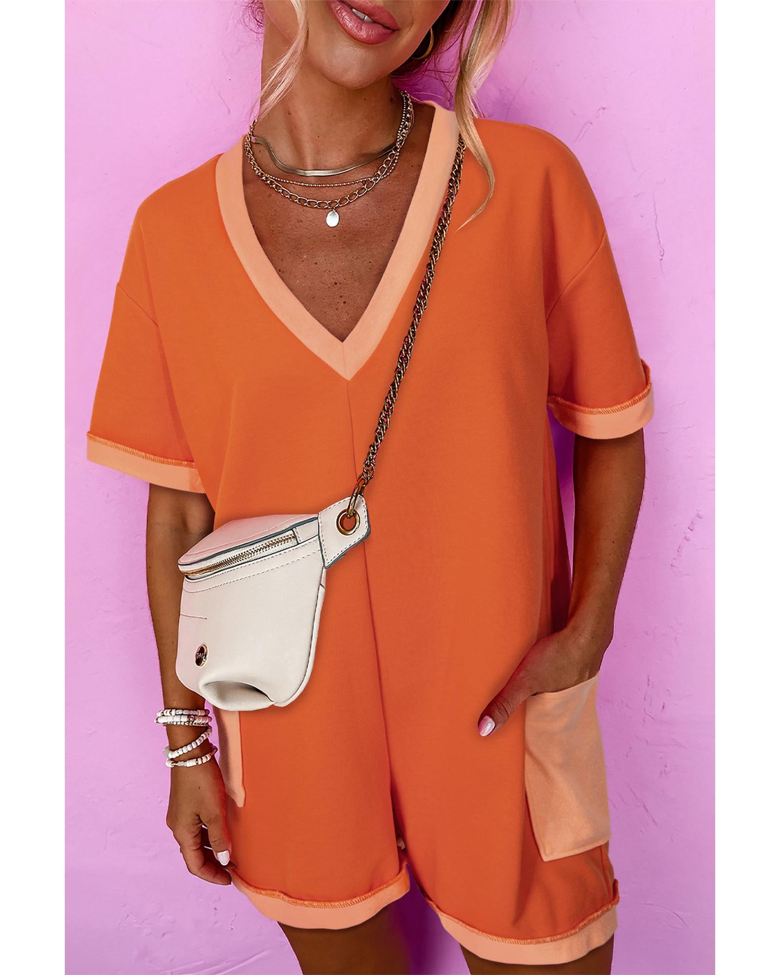 Russet Orange Two-tone Short Sleeve V Neck Patched Pocket Loose Romper - XL