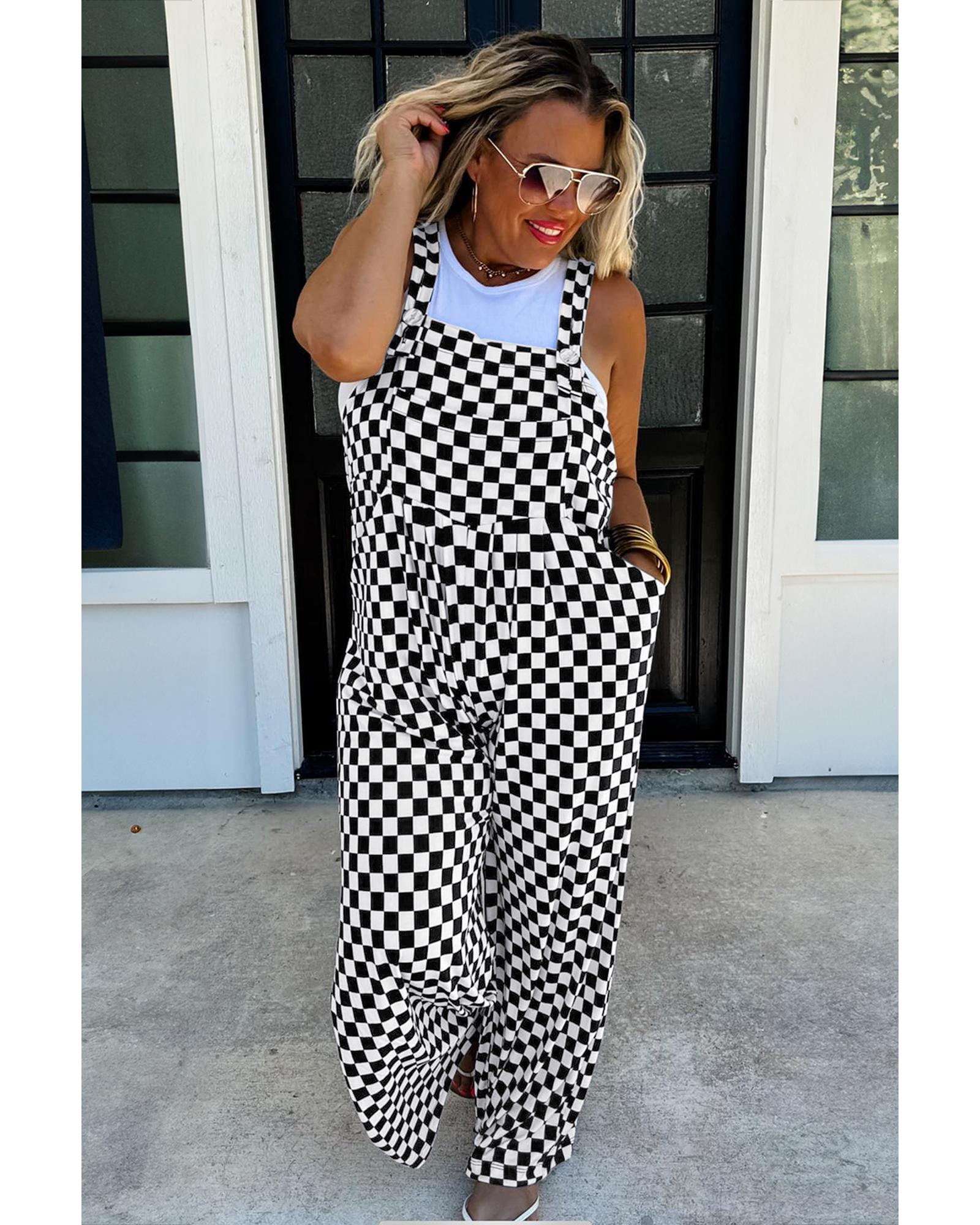 Black Checkered Print Pocketed Wide Leg Jumpsuit - L 4