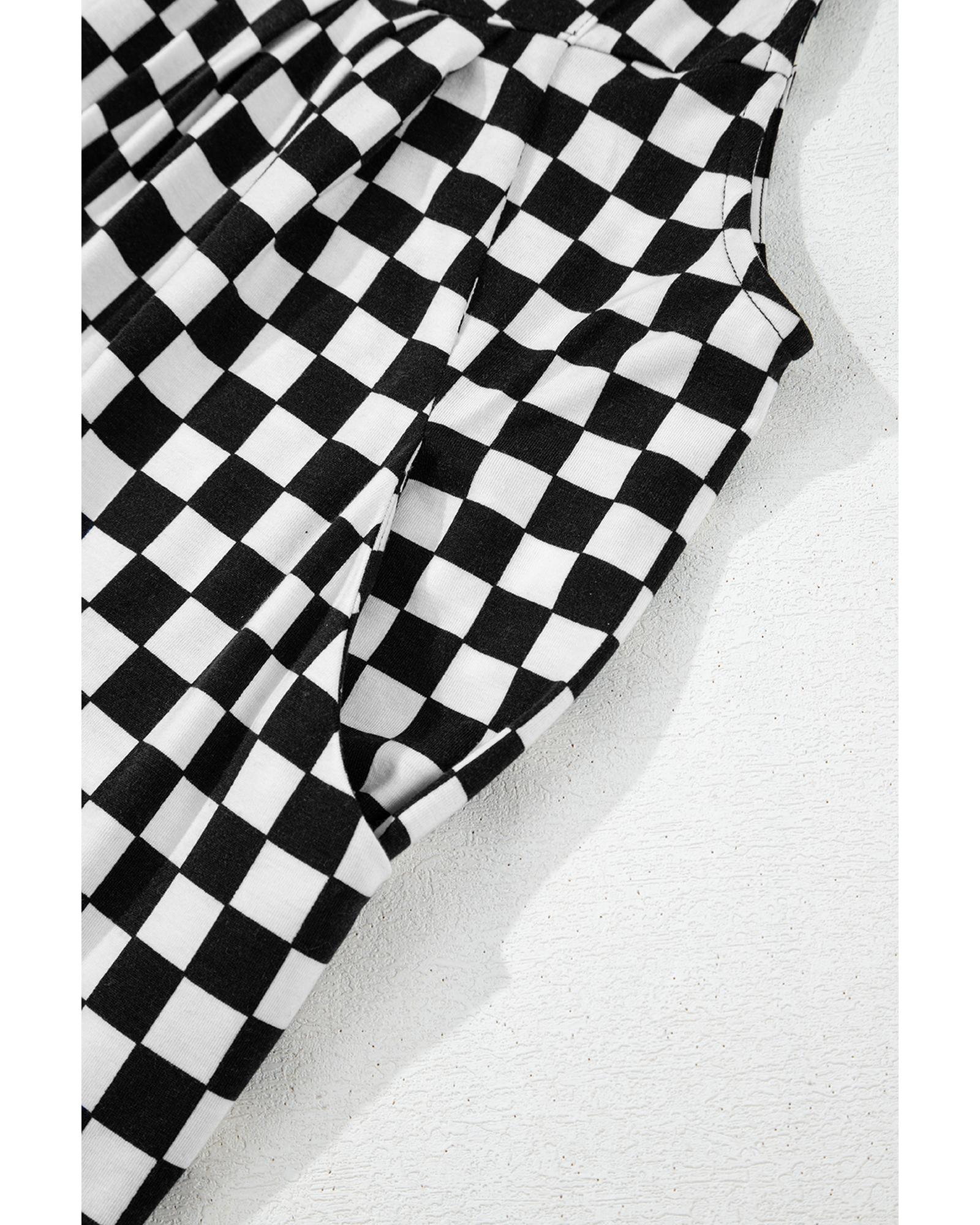 Black Checkered Print Pocketed Wide Leg Jumpsuit - M 5