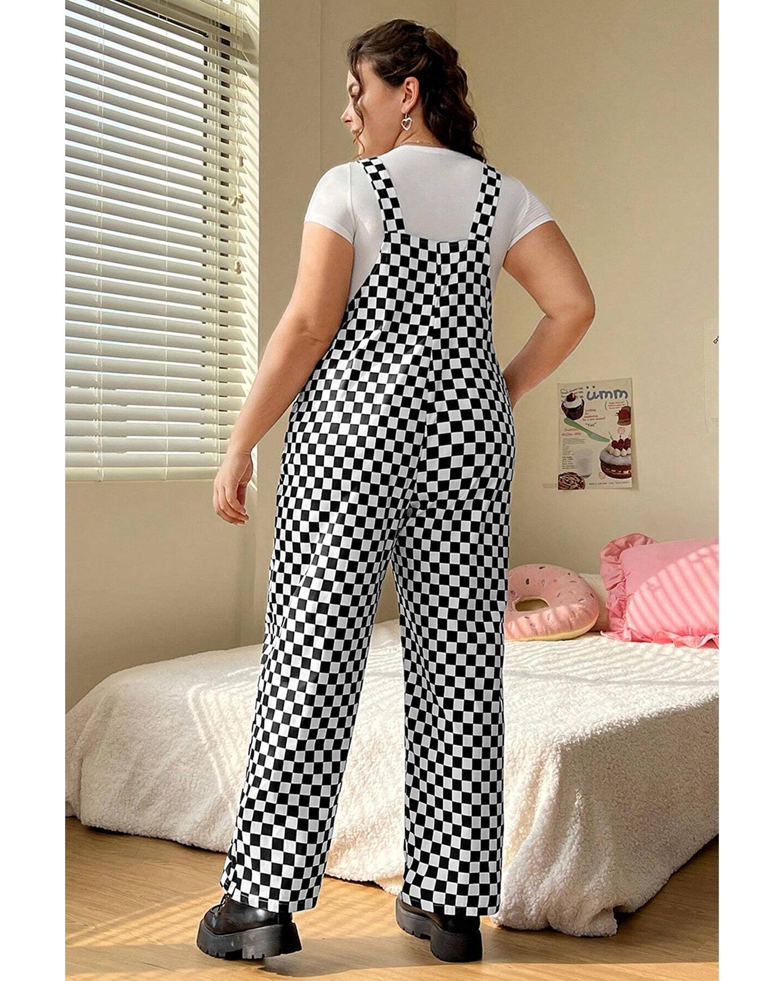 Black Checkered Print Pocketed Wide Leg Jumpsuit - S 6