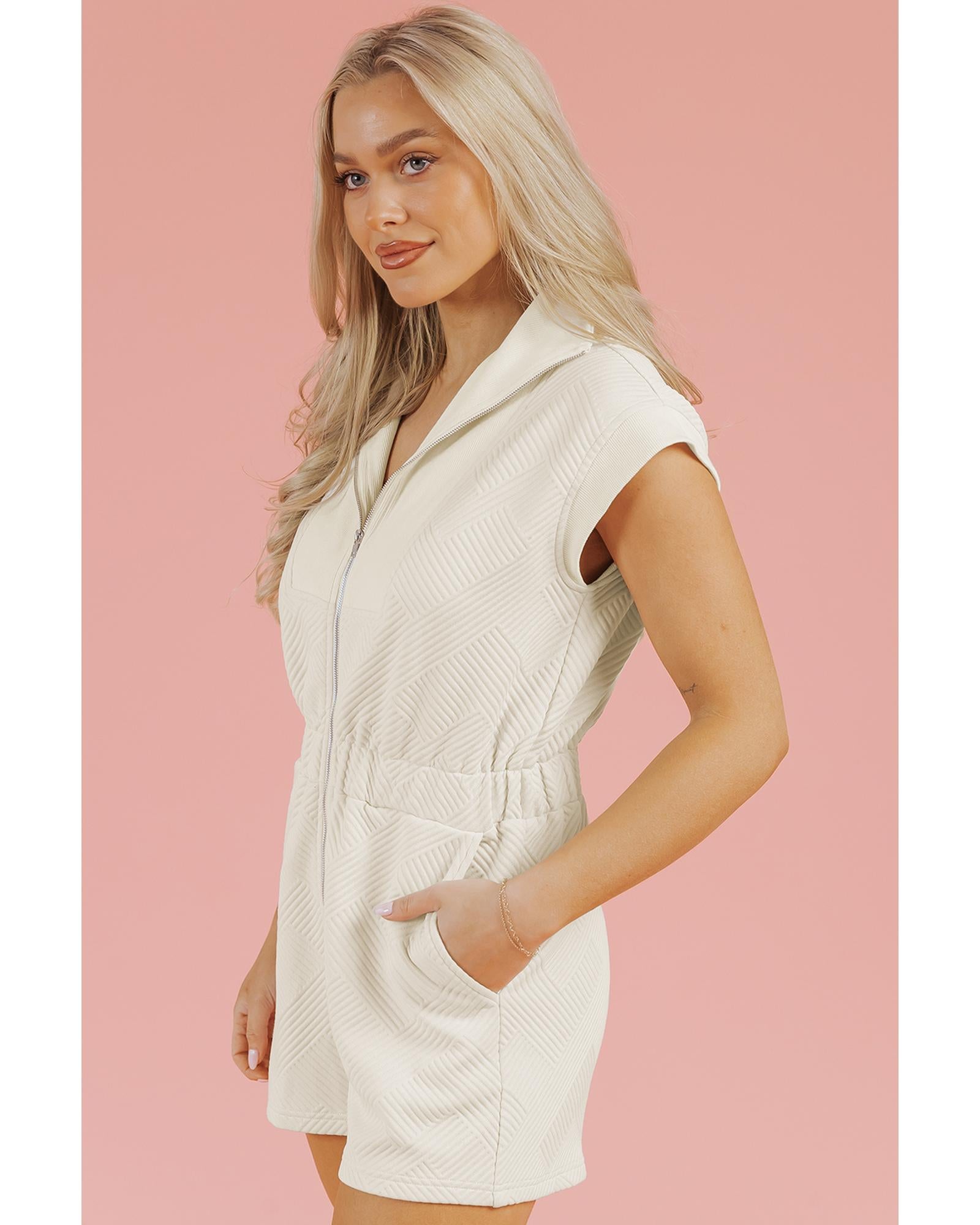 Jet Stream Textured Zipped Front V Neck Collared Casual Romper - L