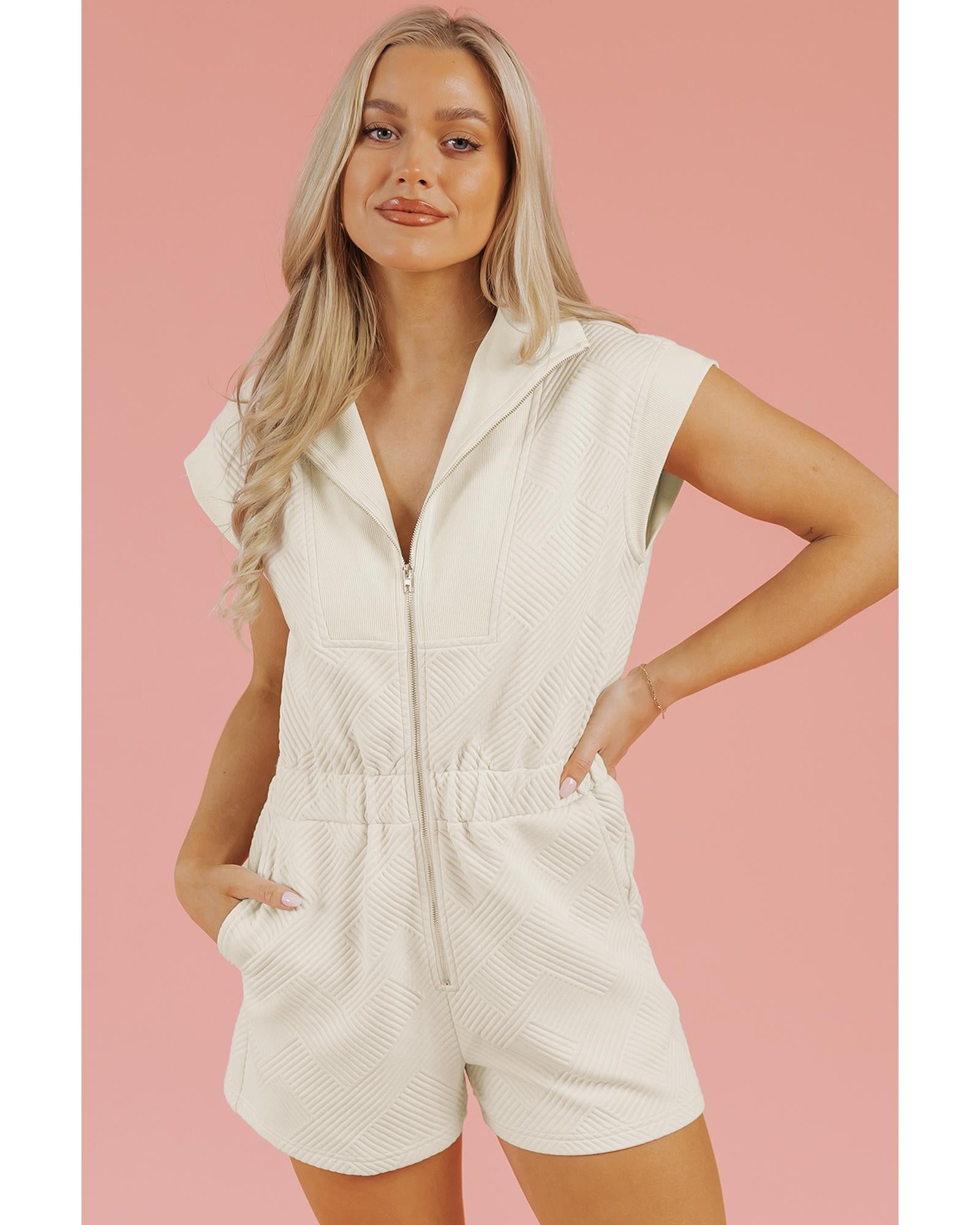 Jet Stream Textured Zipped Front V Neck Collared Casual Romper - L 3