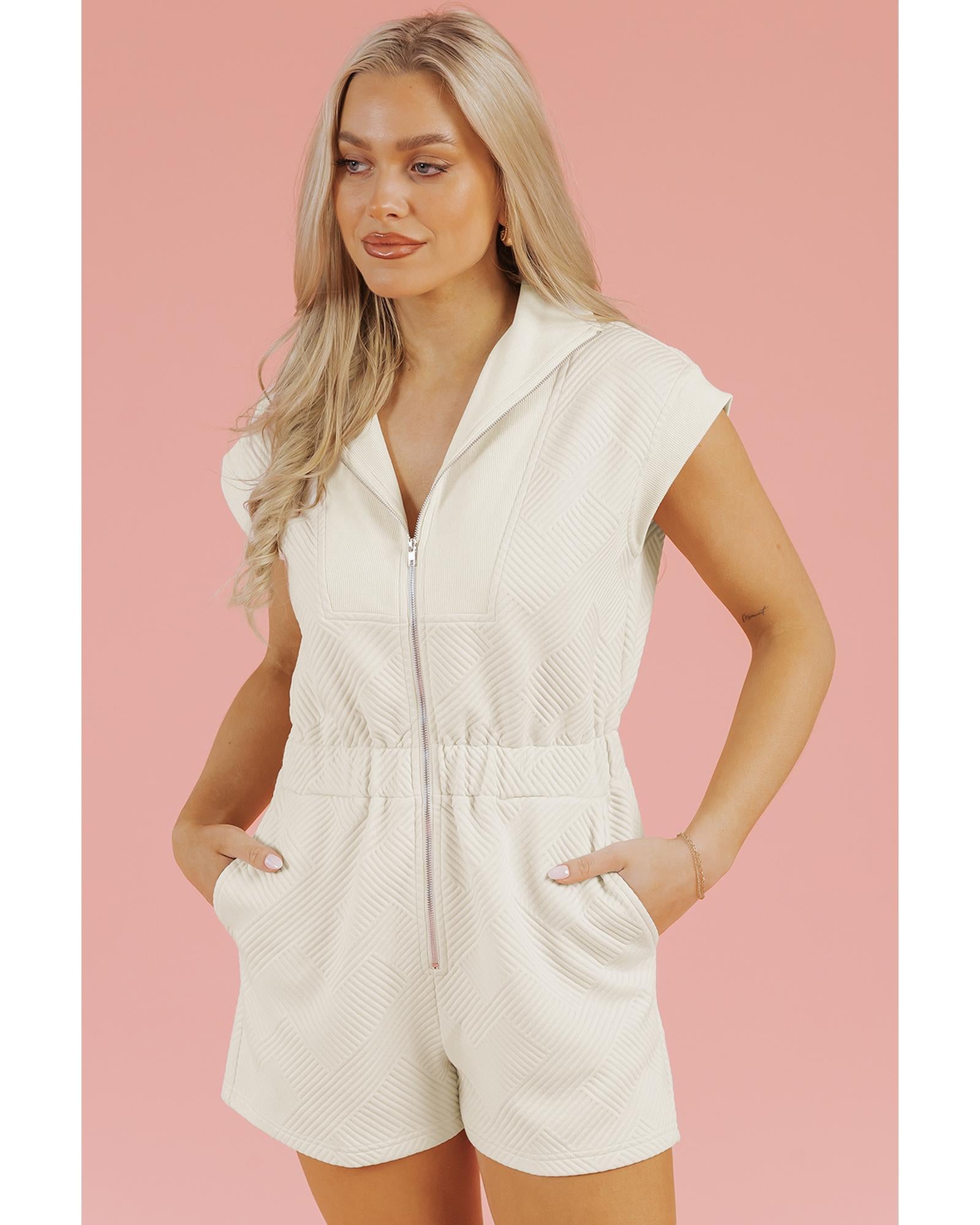 Jet Stream Textured Zipped Front V Neck Collared Casual Romper - L 4