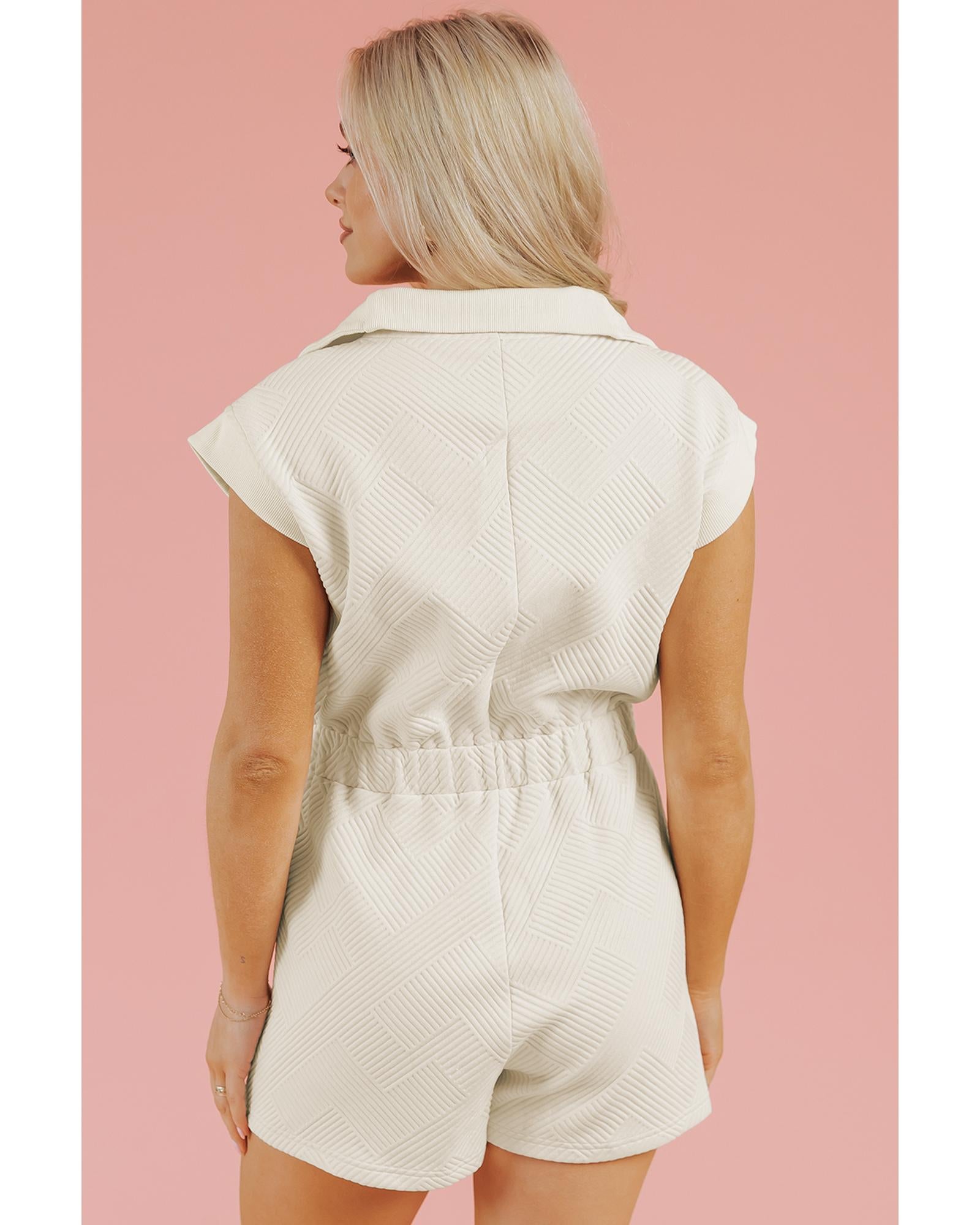 Jet Stream Textured Zipped Front V Neck Collared Casual Romper - M