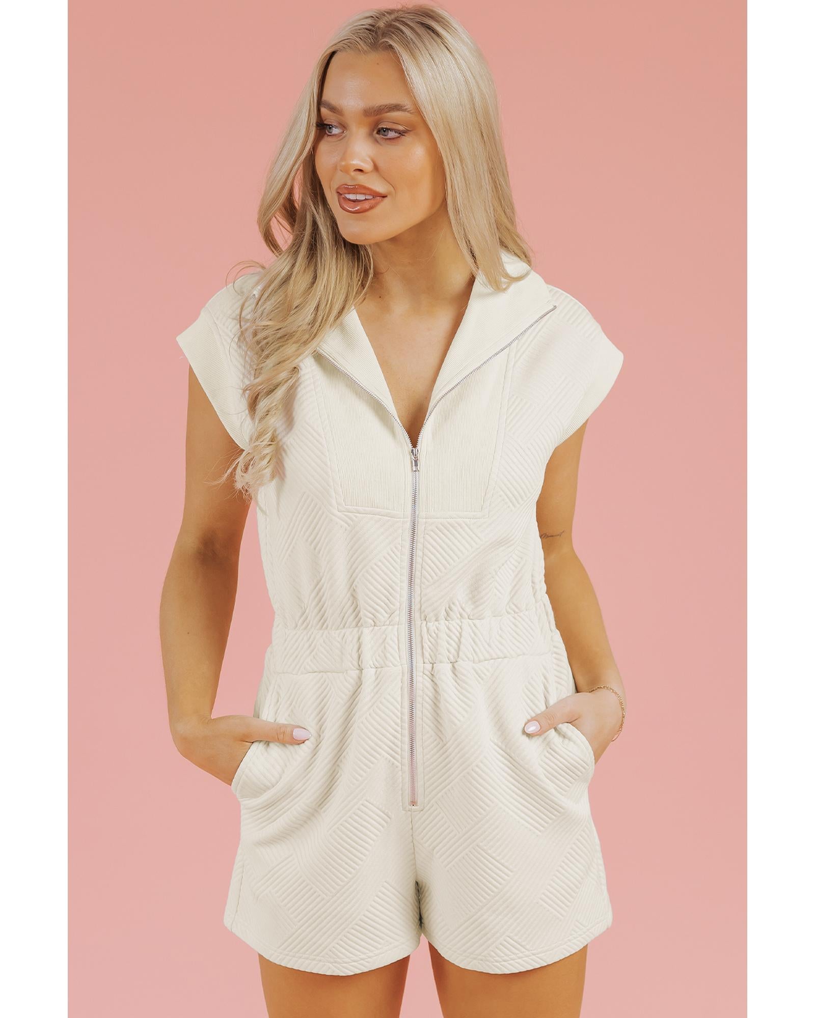Jet Stream Textured Zipped Front V Neck Collared Casual Romper - M 6