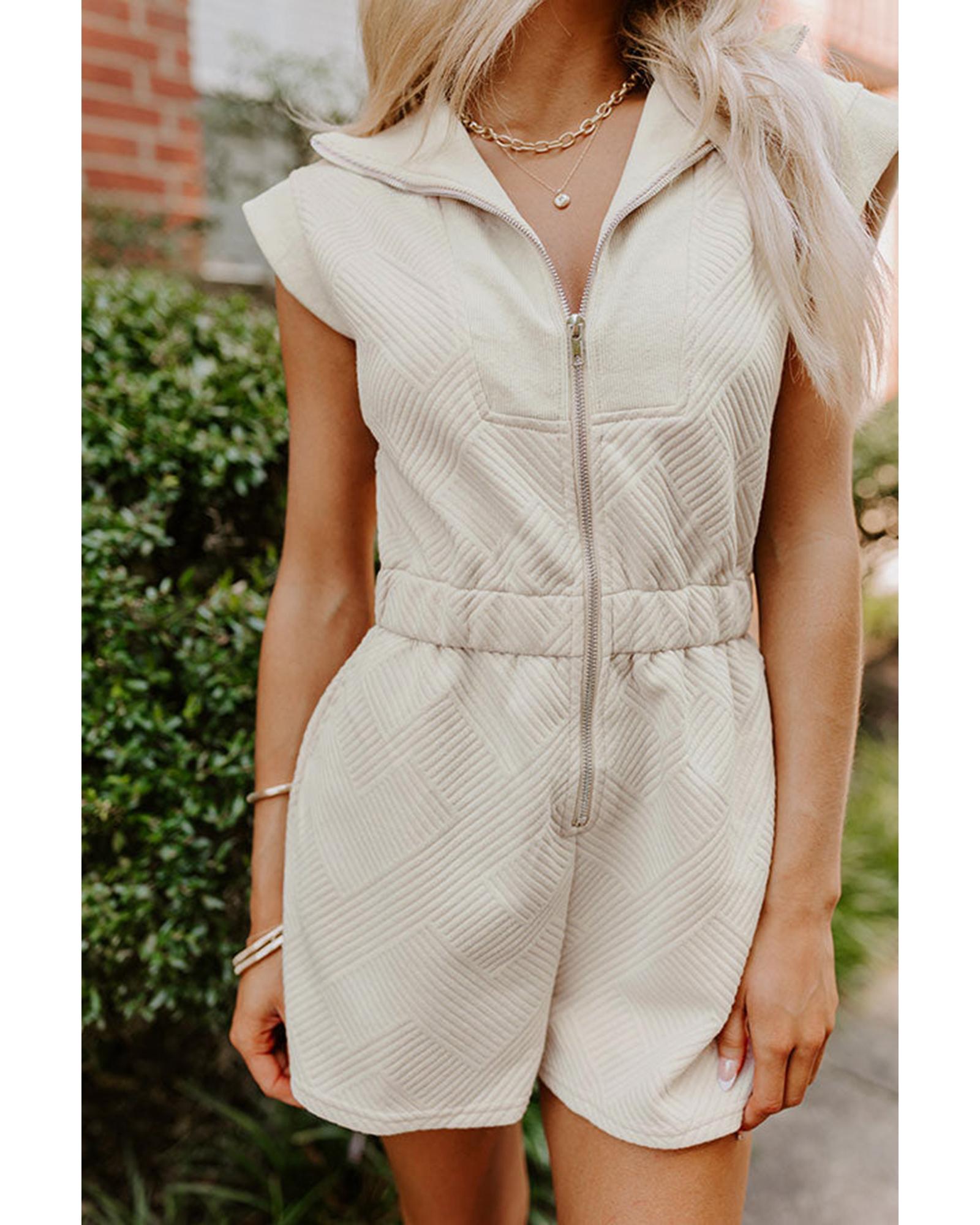 Jet Stream Textured Zipped Front V Neck Collared Casual Romper - M 8