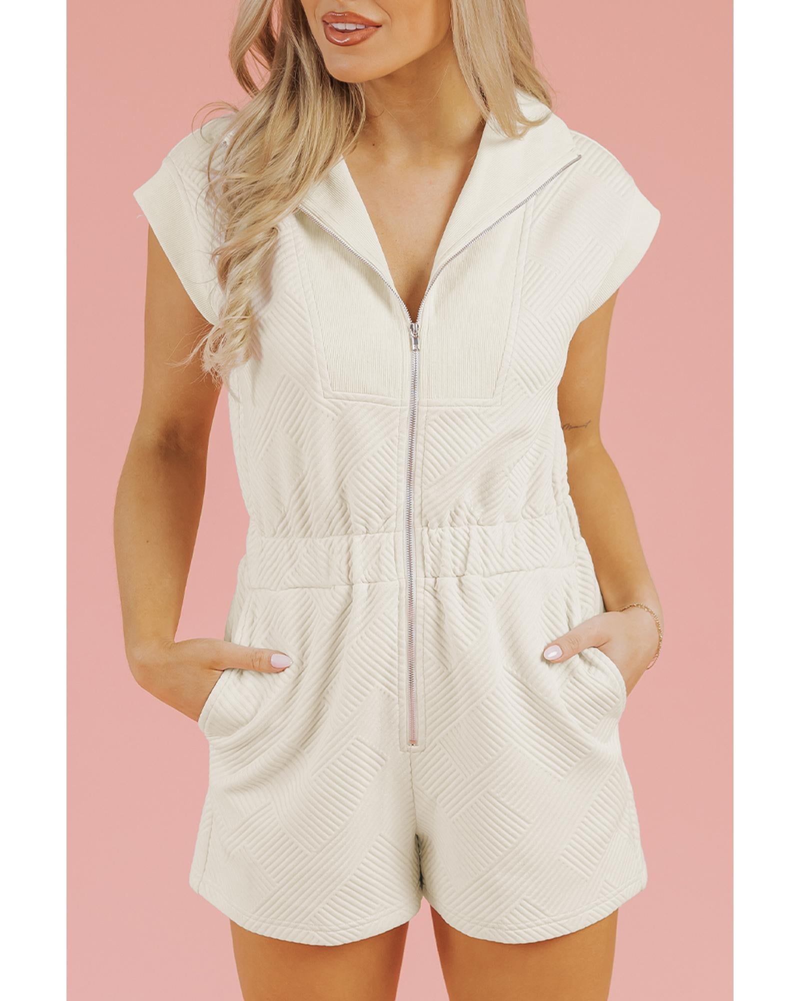 Jet Stream Textured Zipped Front V Neck Collared Casual Romper - XL 7