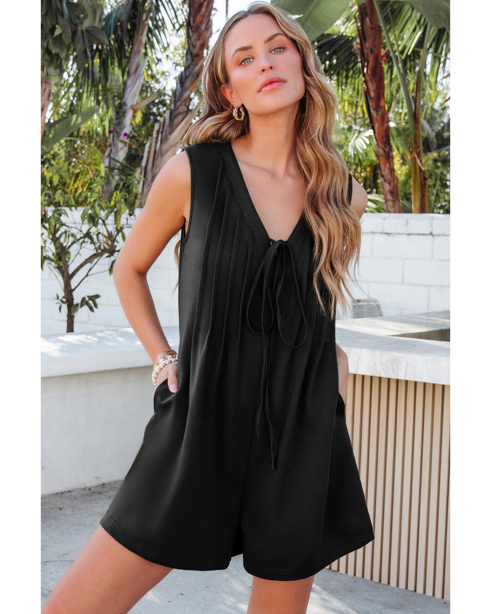 Black white Tie V Neck Pintuck Sleeveless Loose Romper - S 5
