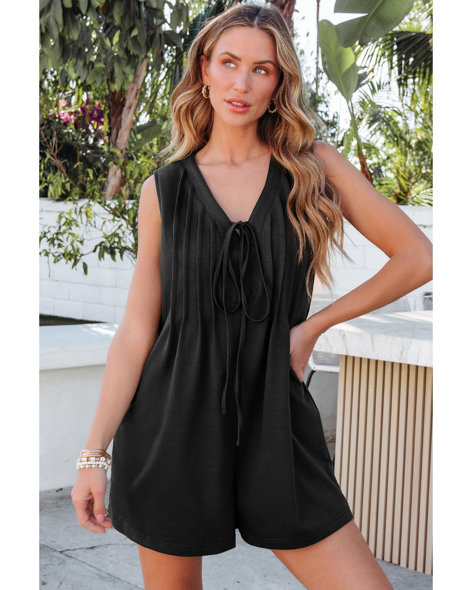 Black white Tie V Neck Pintuck Sleeveless Loose Romper - XL 6