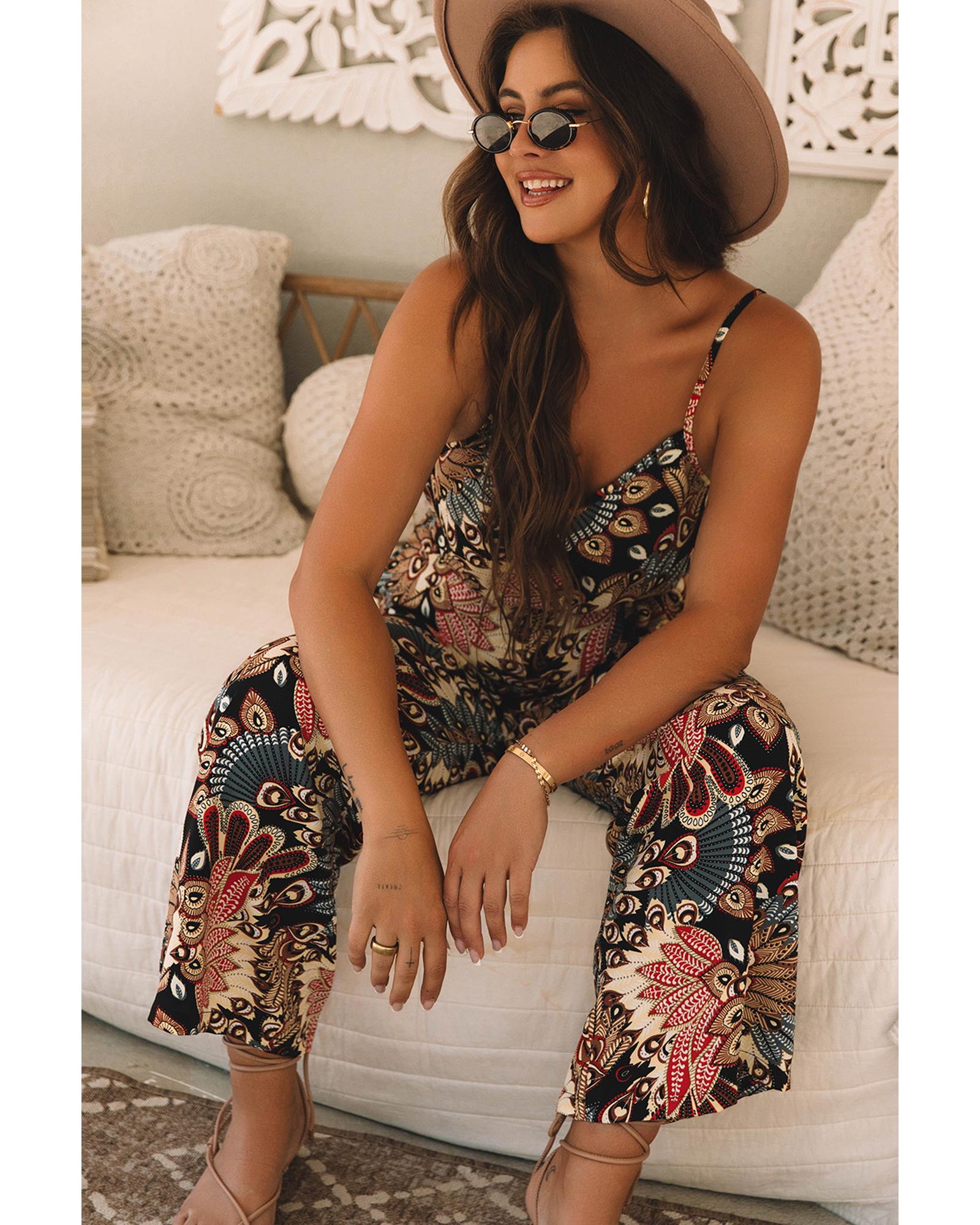 Black Floral Print Belted Sleeveless Wide Leg Jumpsuit - L 5