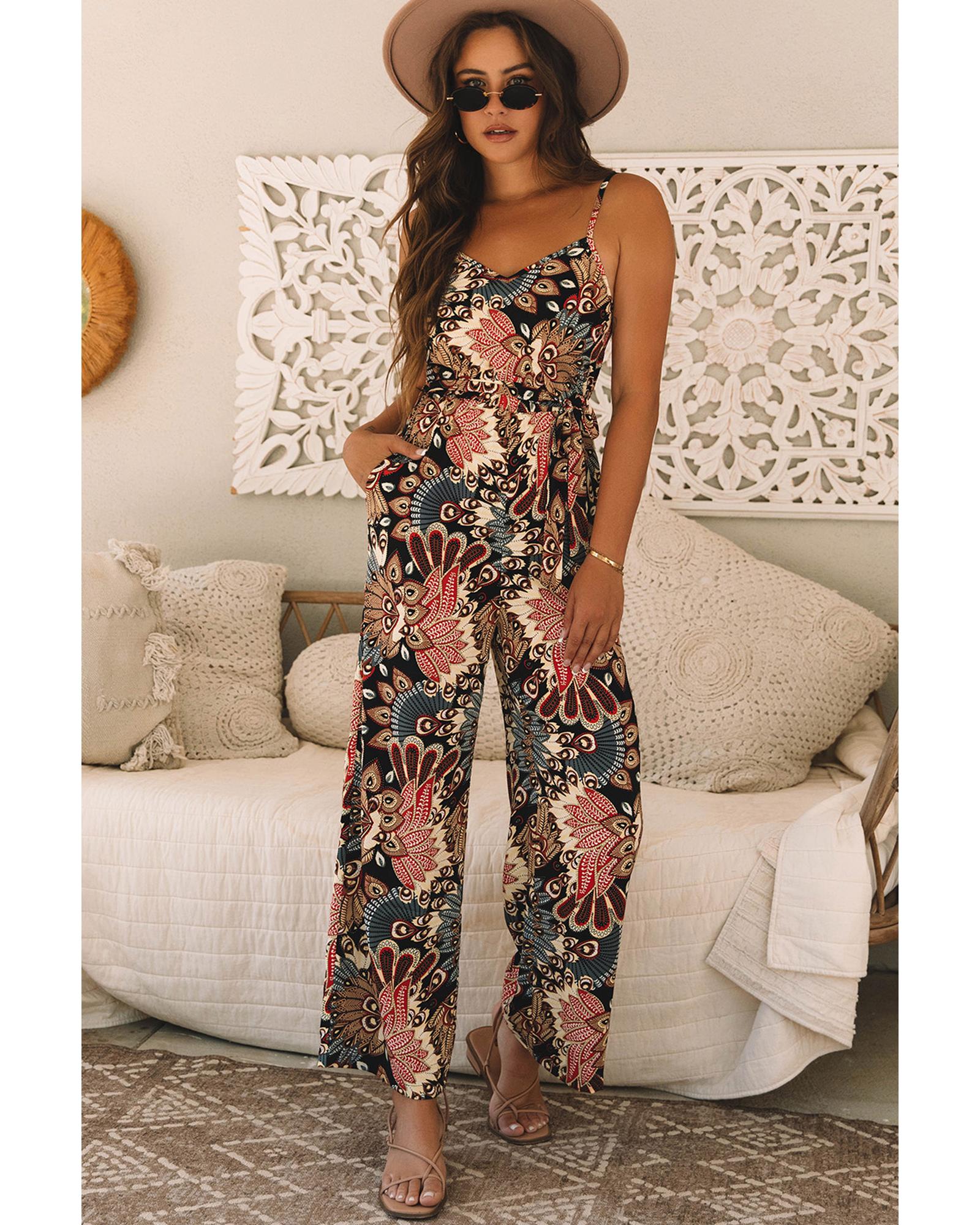 Black Floral Print Belted Sleeveless Wide Leg Jumpsuit - XL 4