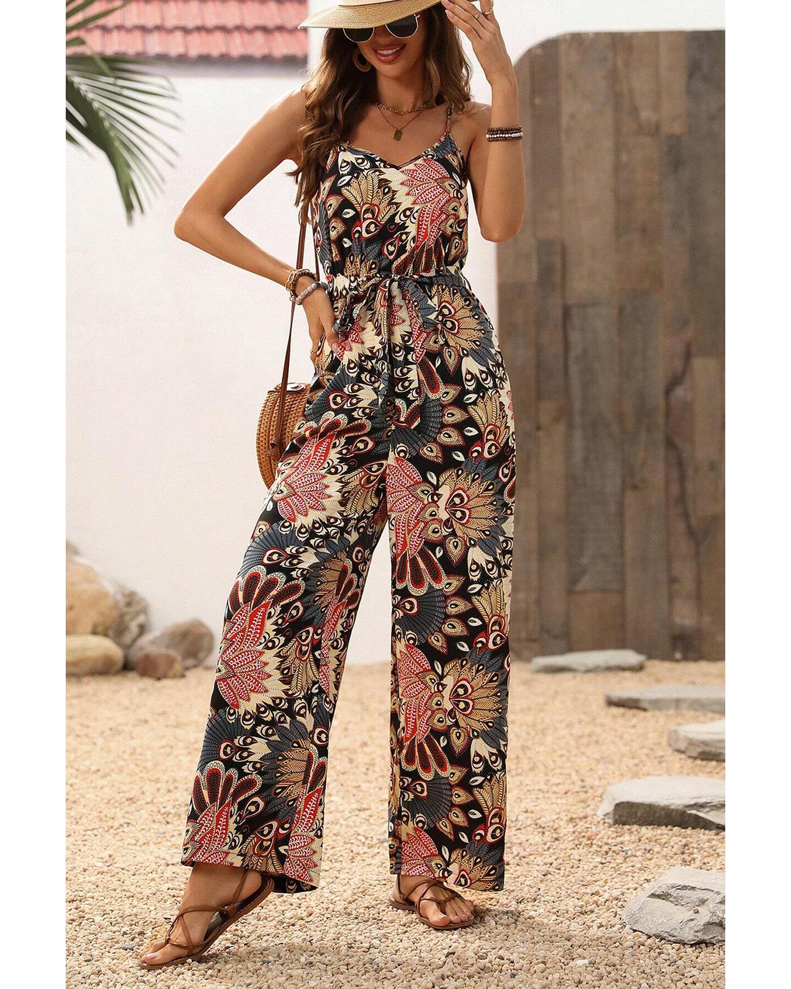 Black Floral Print Belted Sleeveless Wide Leg Jumpsuit - XL 7