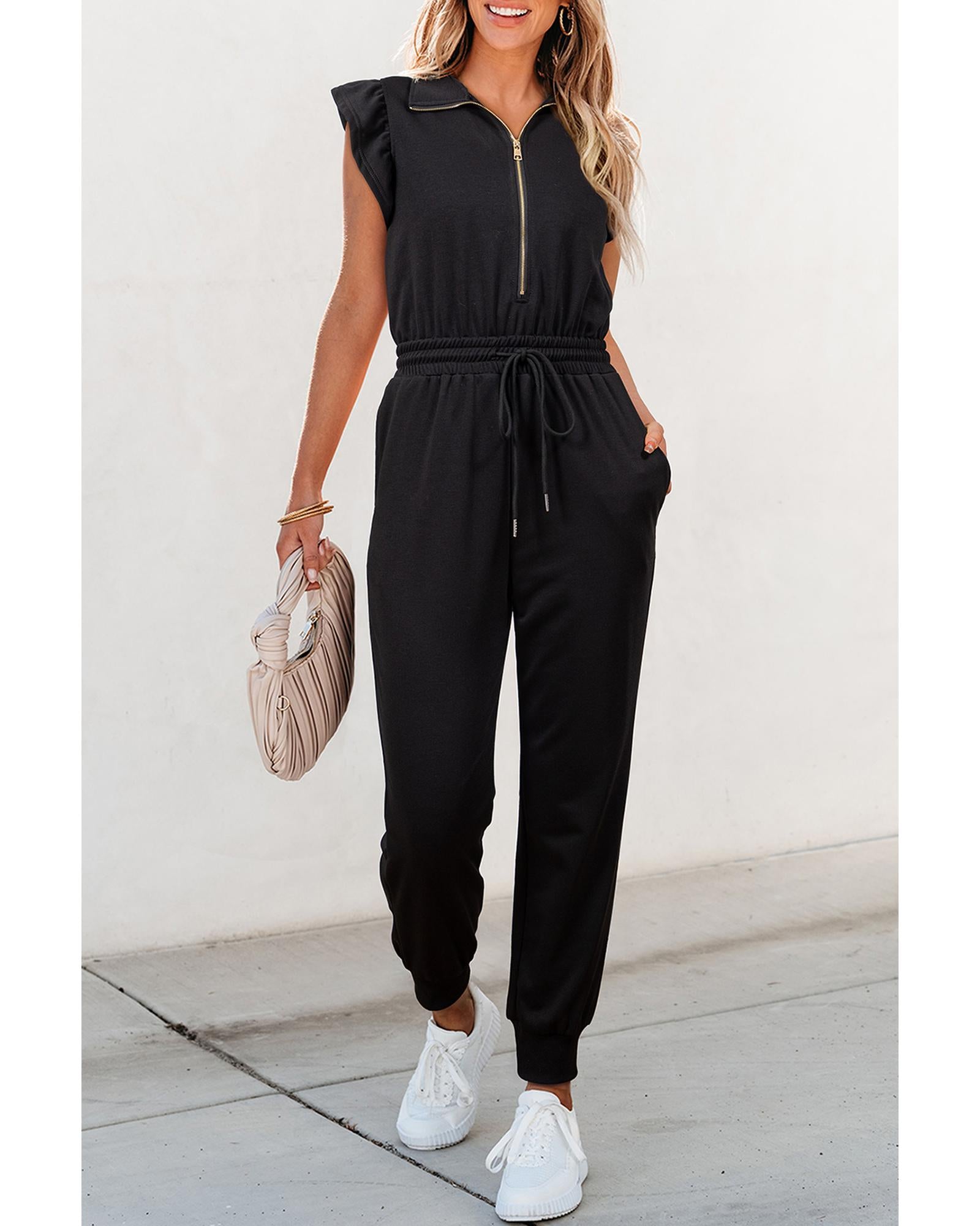 Black Zipper Flutter Sleeve Drawstring High Waist Jumpsuit - L 7
