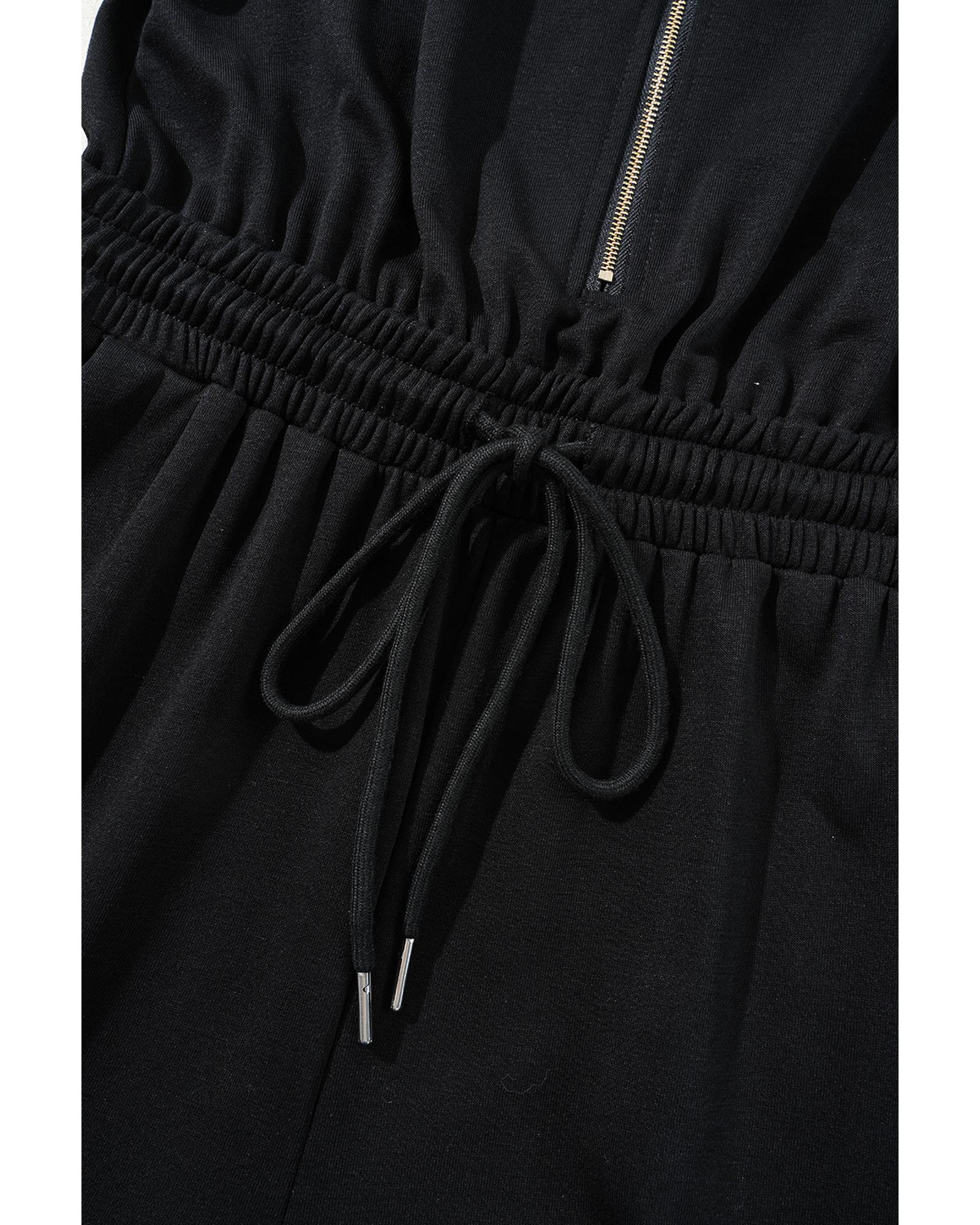 Black Zipper Flutter Sleeve Drawstring High Waist Jumpsuit - M
