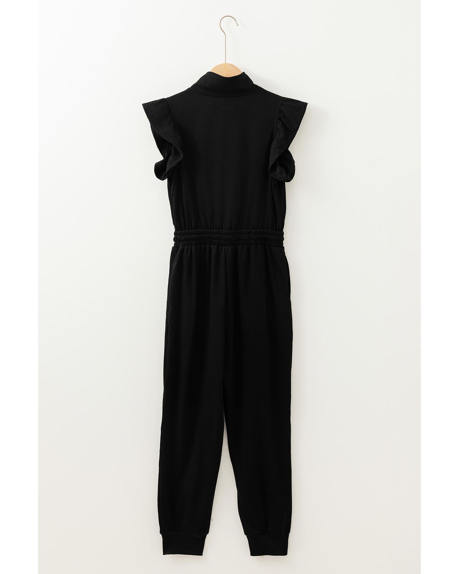Black Zipper Flutter Sleeve Drawstring High Waist Jumpsuit - S 5