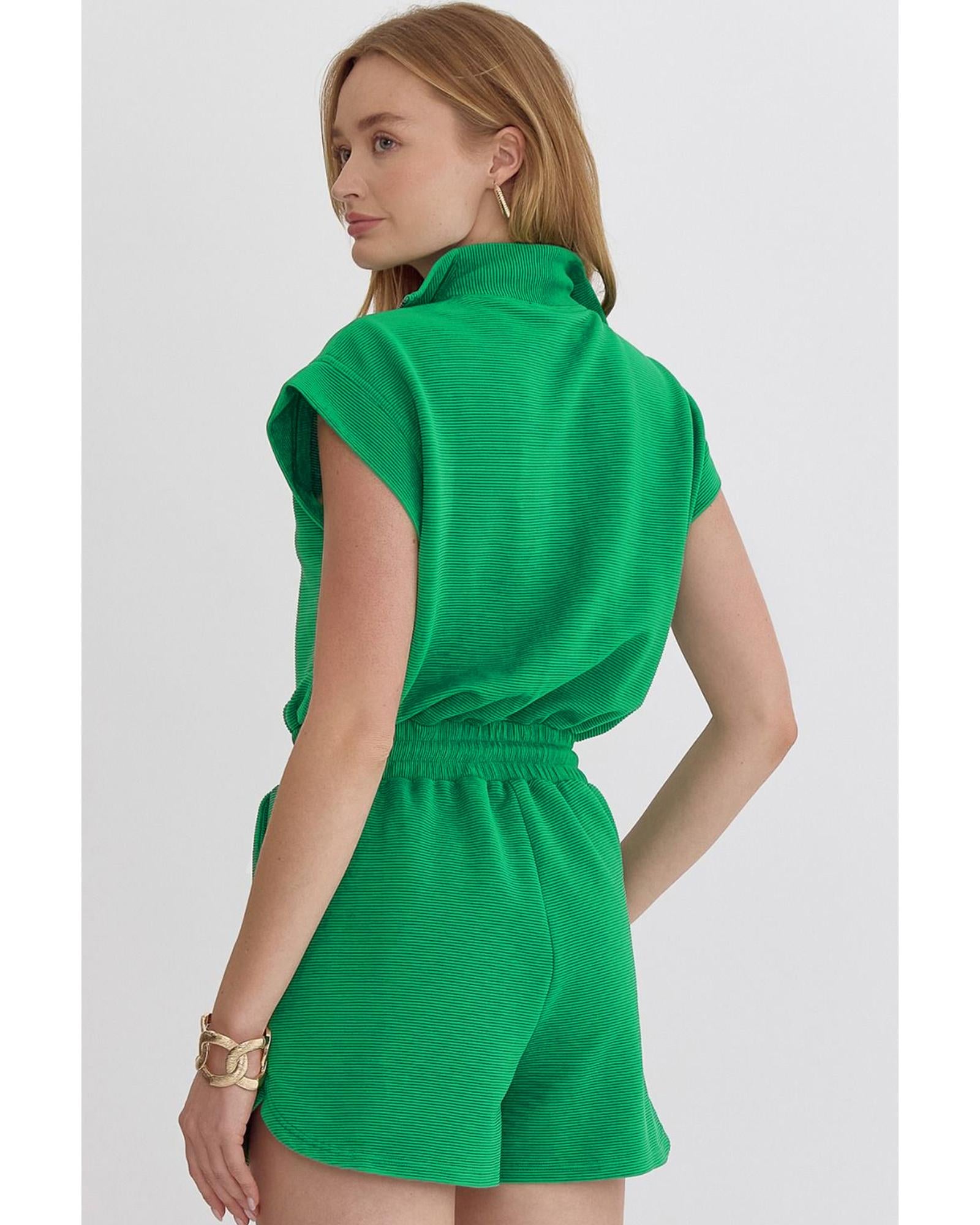 Bright Green Textured Short Sleeve Half Zip Drawstring Waist Romper - L 3