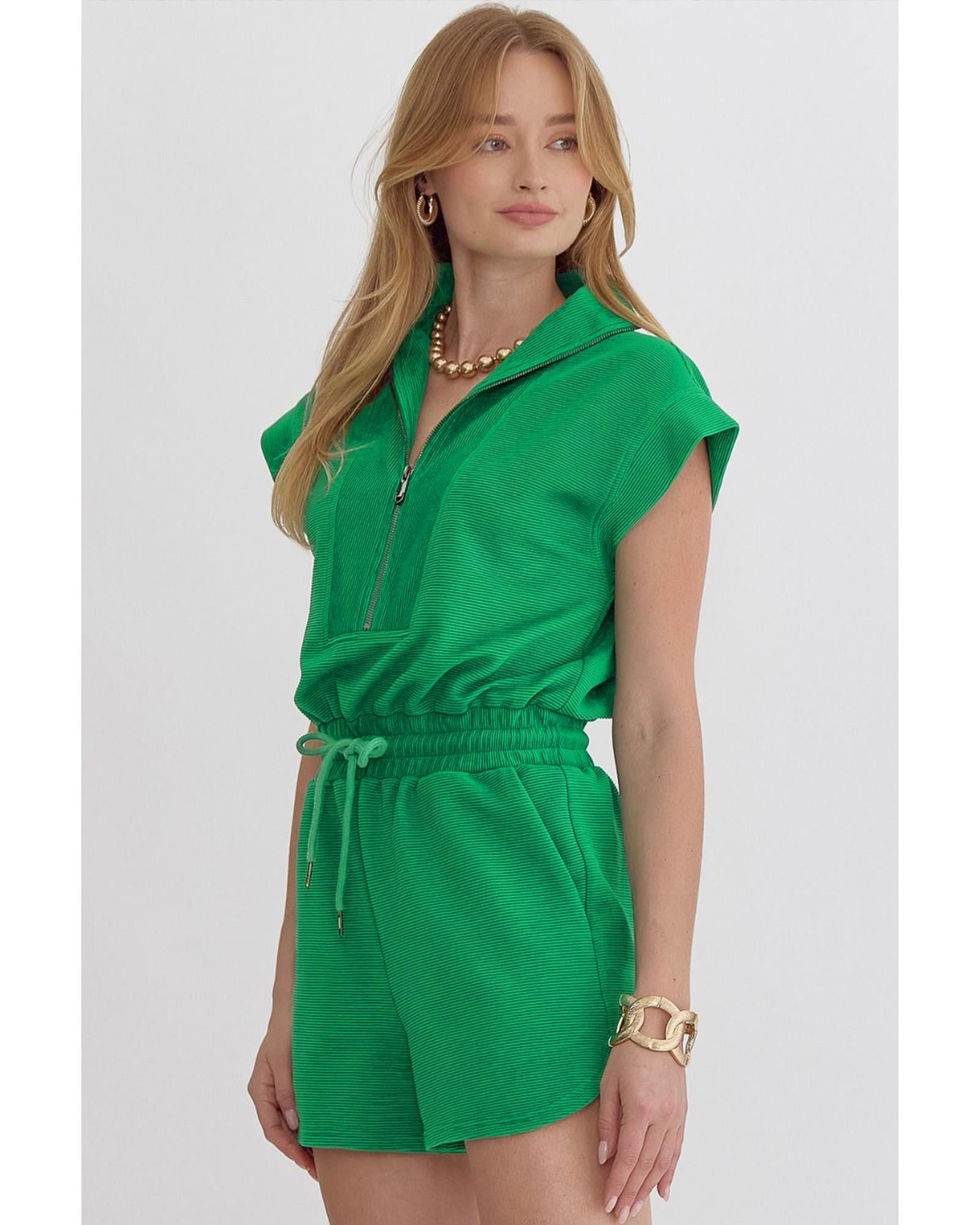 Bright Green Textured Short Sleeve Half Zip Drawstring Waist Romper - M 4