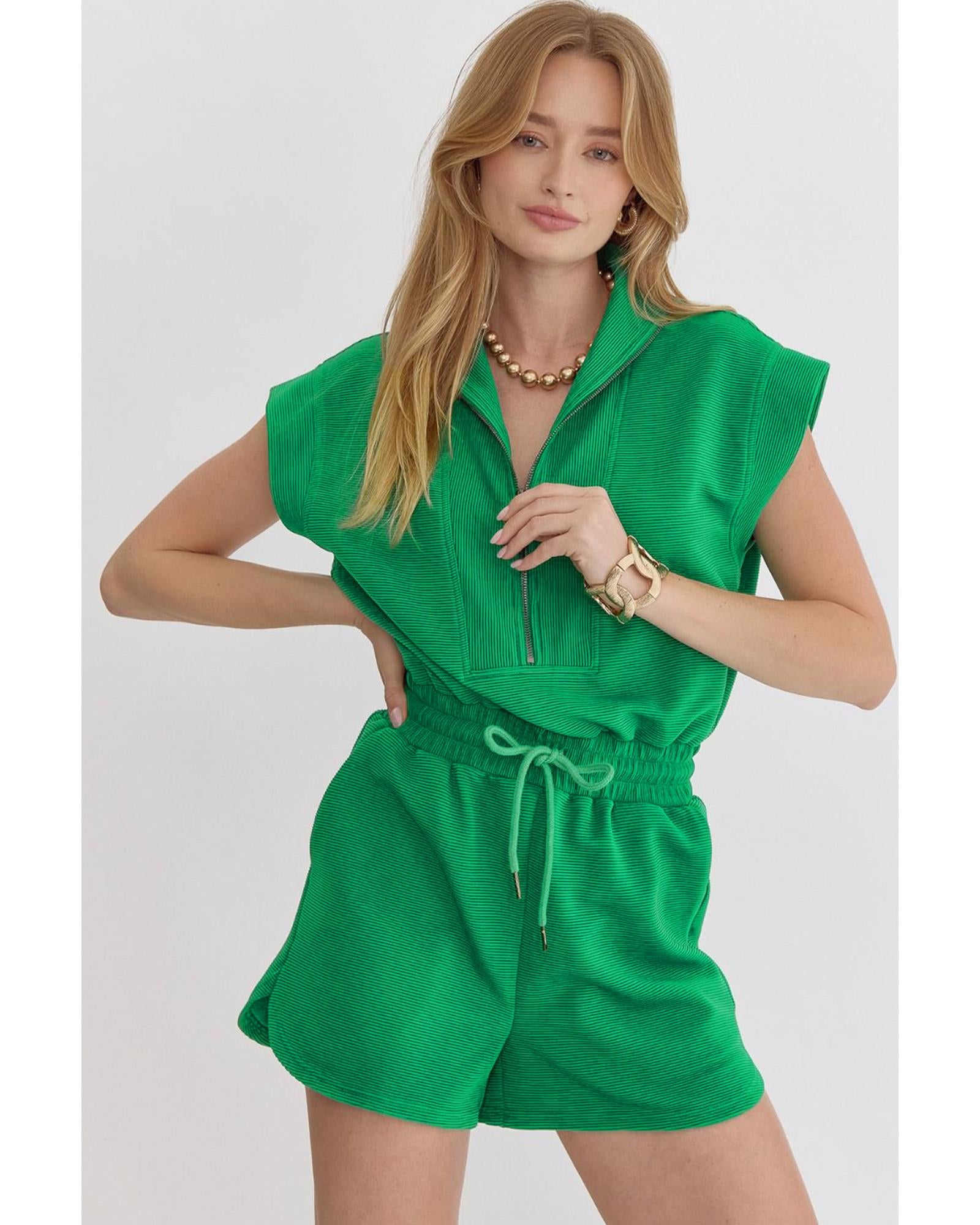 Bright Green Textured Short Sleeve Half Zip Drawstring Waist Romper - M 5