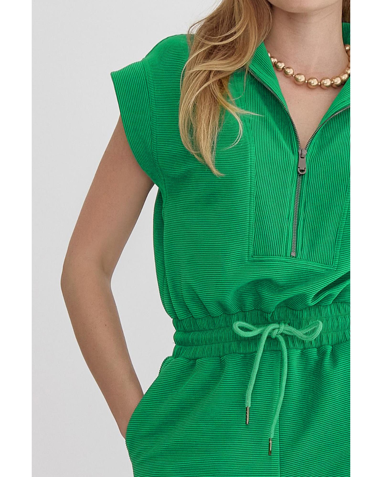 Bright Green Textured Short Sleeve Half Zip Drawstring Waist Romper - M 7