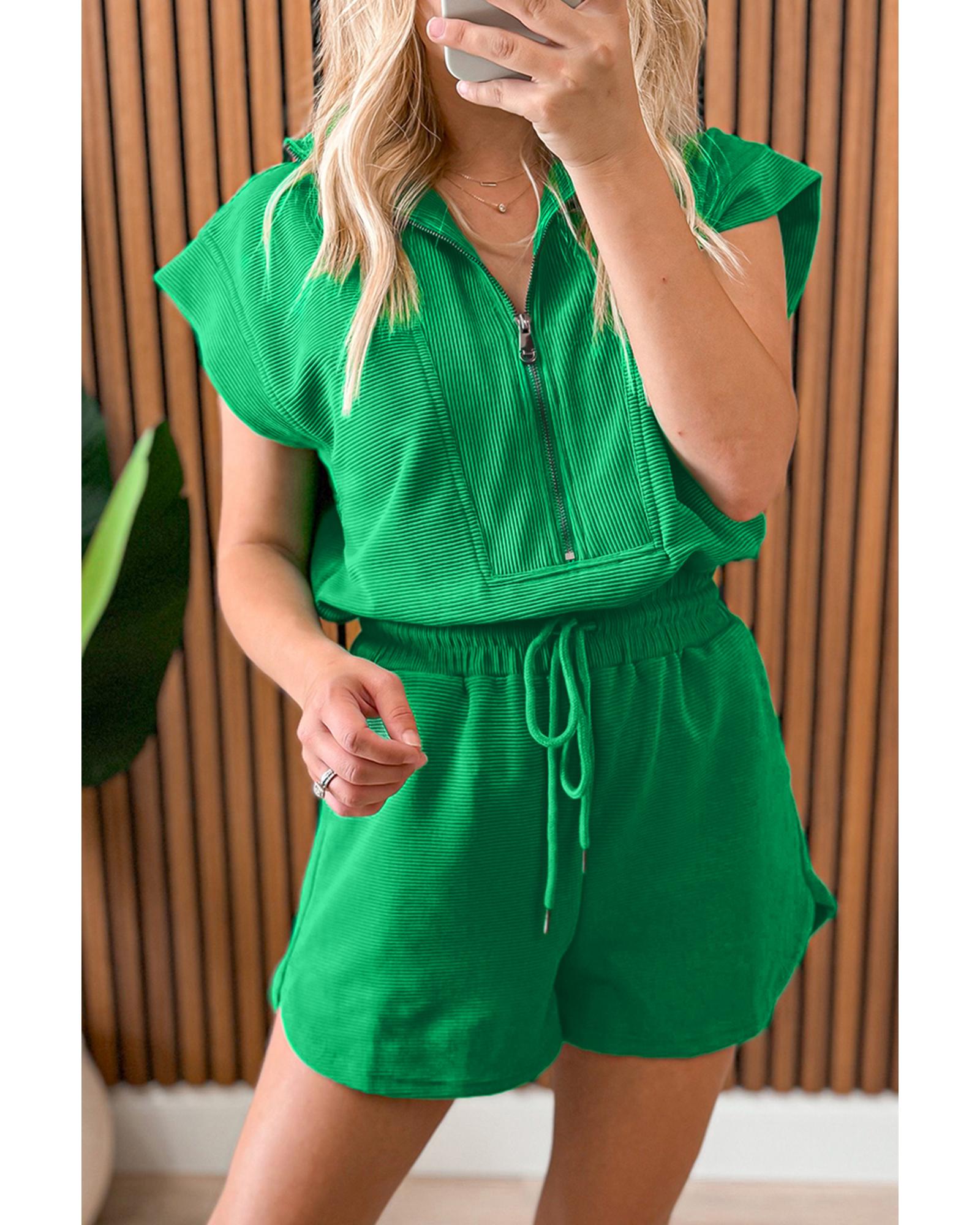 Bright Green Textured Short Sleeve Half Zip Drawstring Waist Romper - S