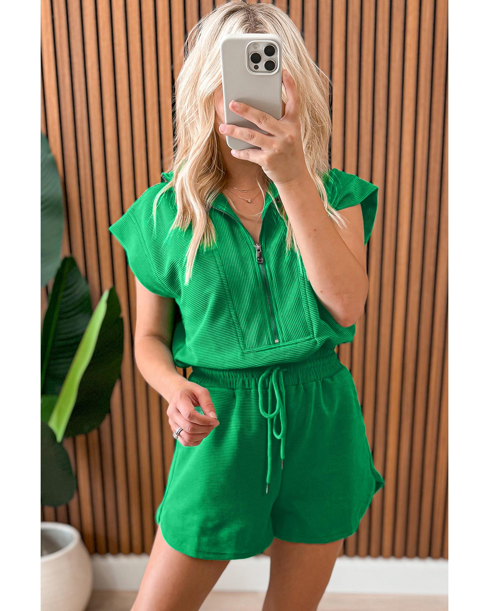 Bright Green Textured Short Sleeve Half Zip Drawstring Waist Romper - S 6