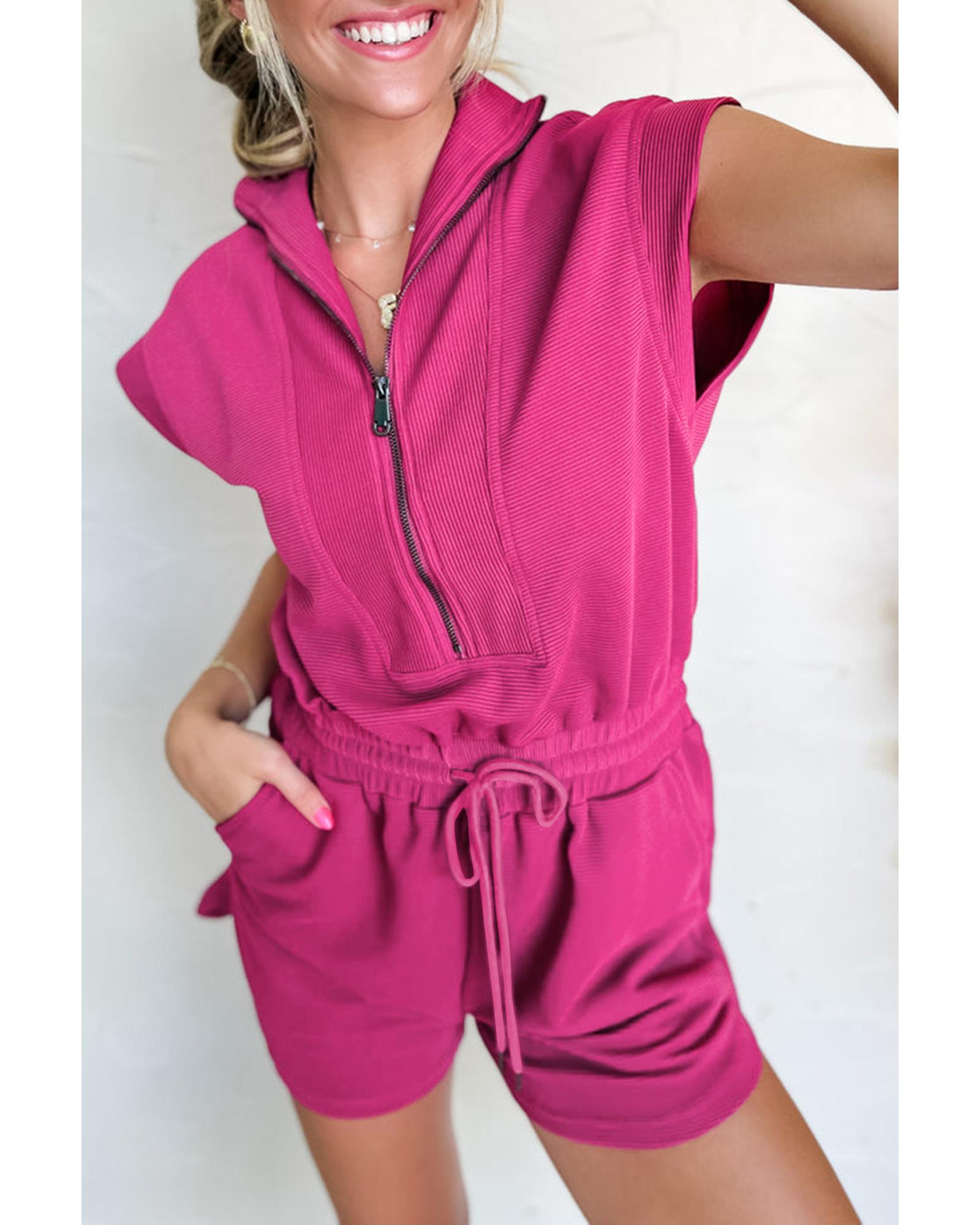 Rose Red Textured Short Sleeve Half Zip Drawstring Waist Romper - L