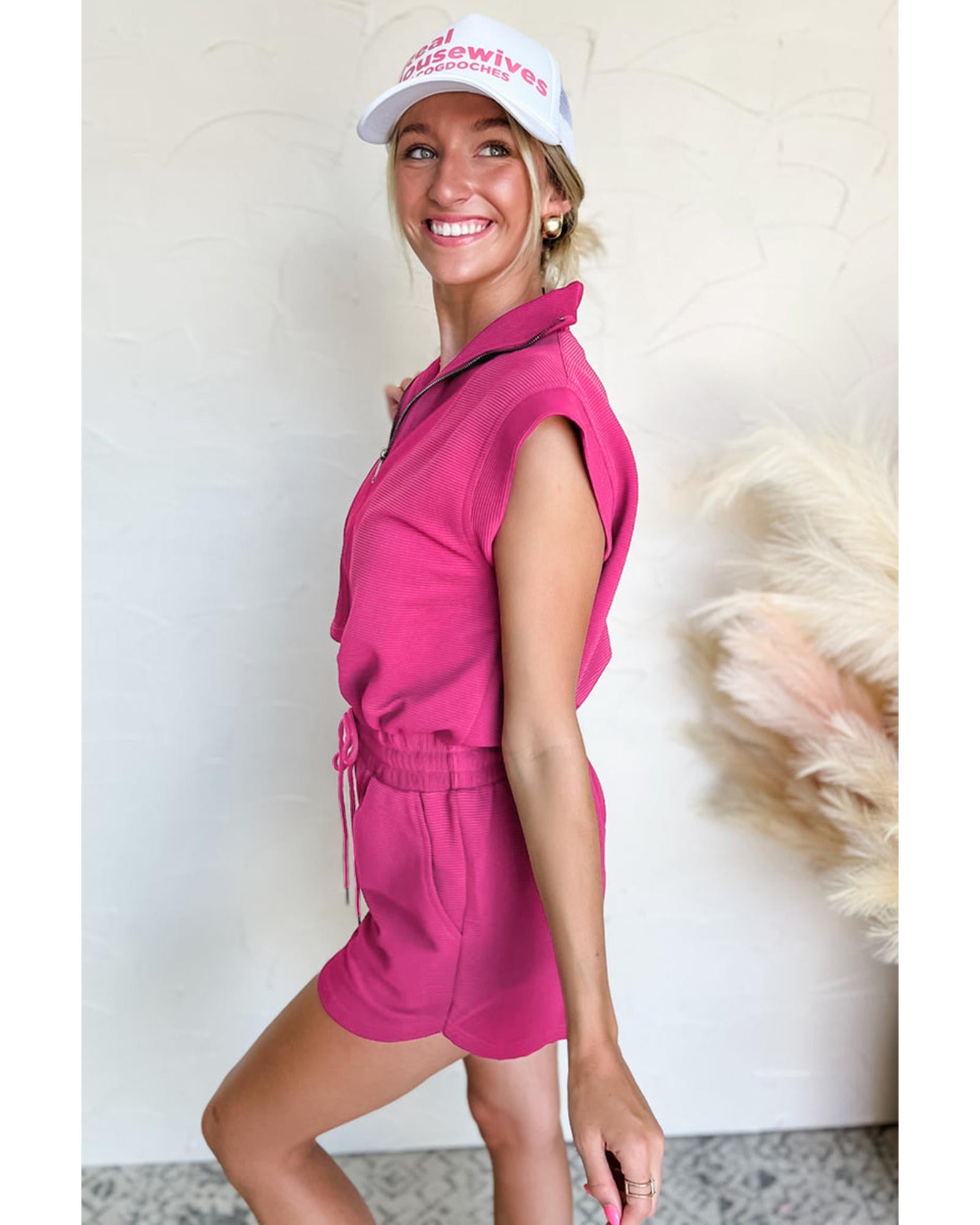 Rose Red Textured Short Sleeve Half Zip Drawstring Waist Romper - L 3