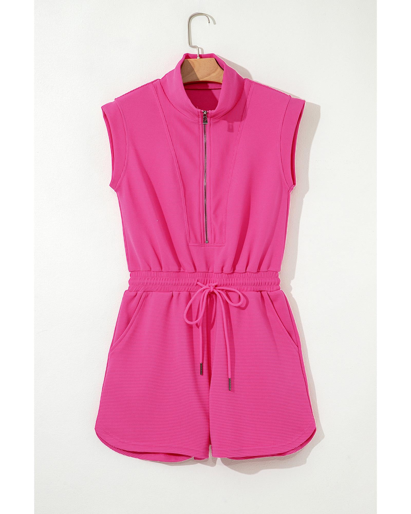 Rose Red Textured Short Sleeve Half Zip Drawstring Waist Romper - L 5