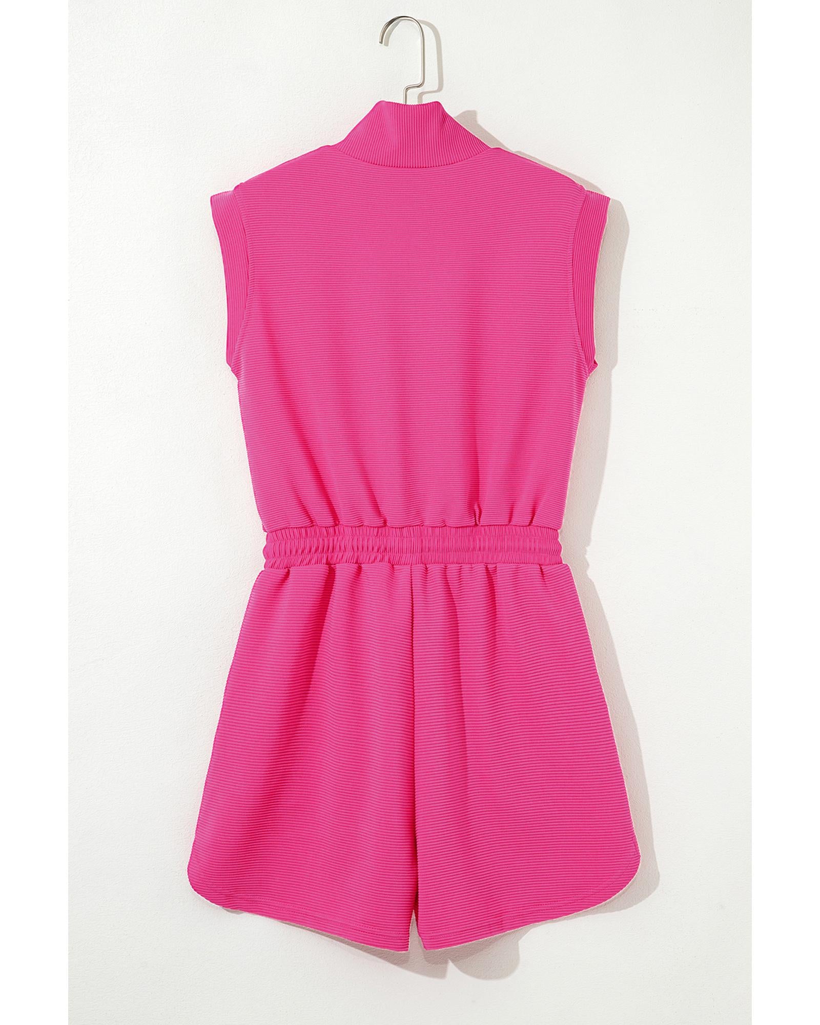 Rose Red Textured Short Sleeve Half Zip Drawstring Waist Romper - L 6