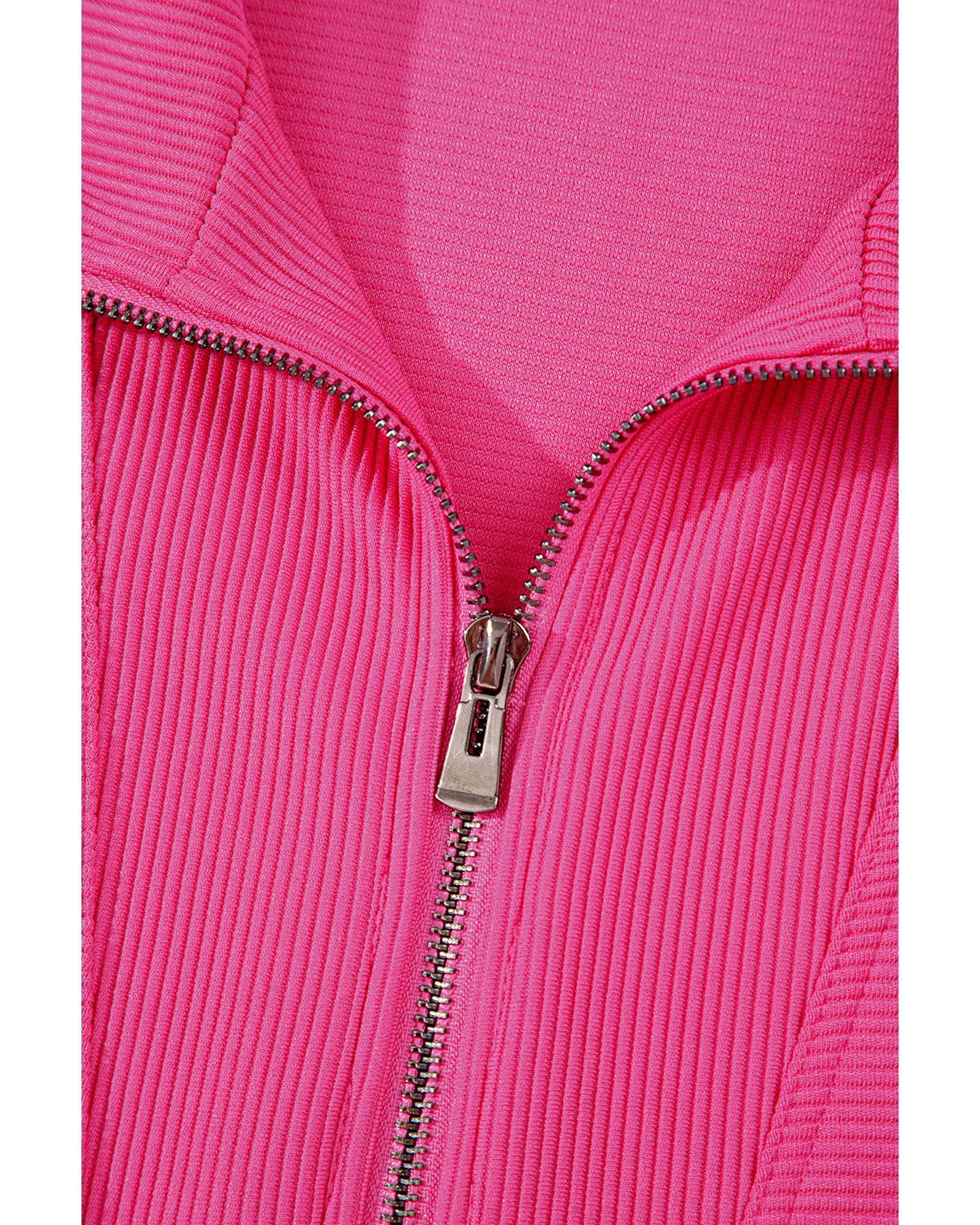 Rose Red Textured Short Sleeve Half Zip Drawstring Waist Romper - L 8