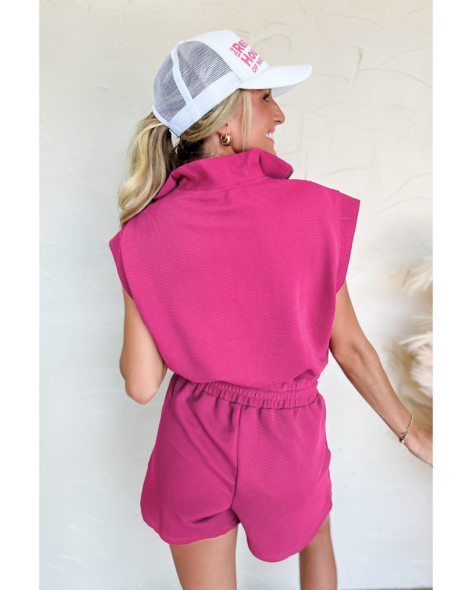 Rose Red Textured Short Sleeve Half Zip Drawstring Waist Romper - XL