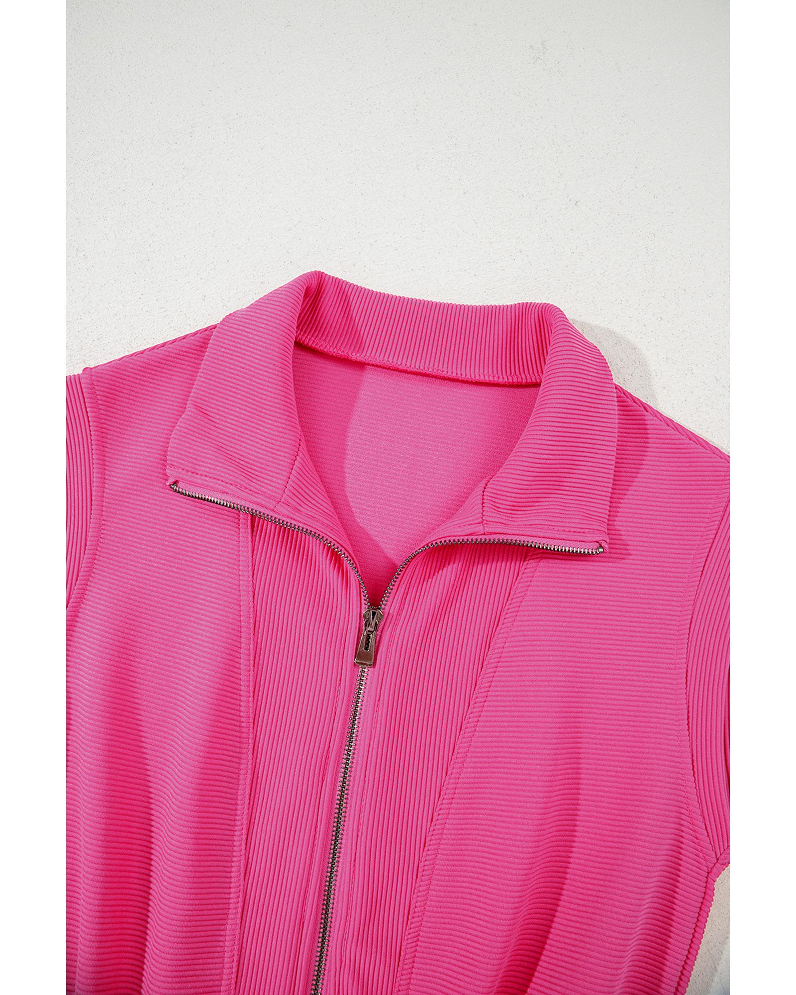 Rose Red Textured Short Sleeve Half Zip Drawstring Waist Romper - XL 7