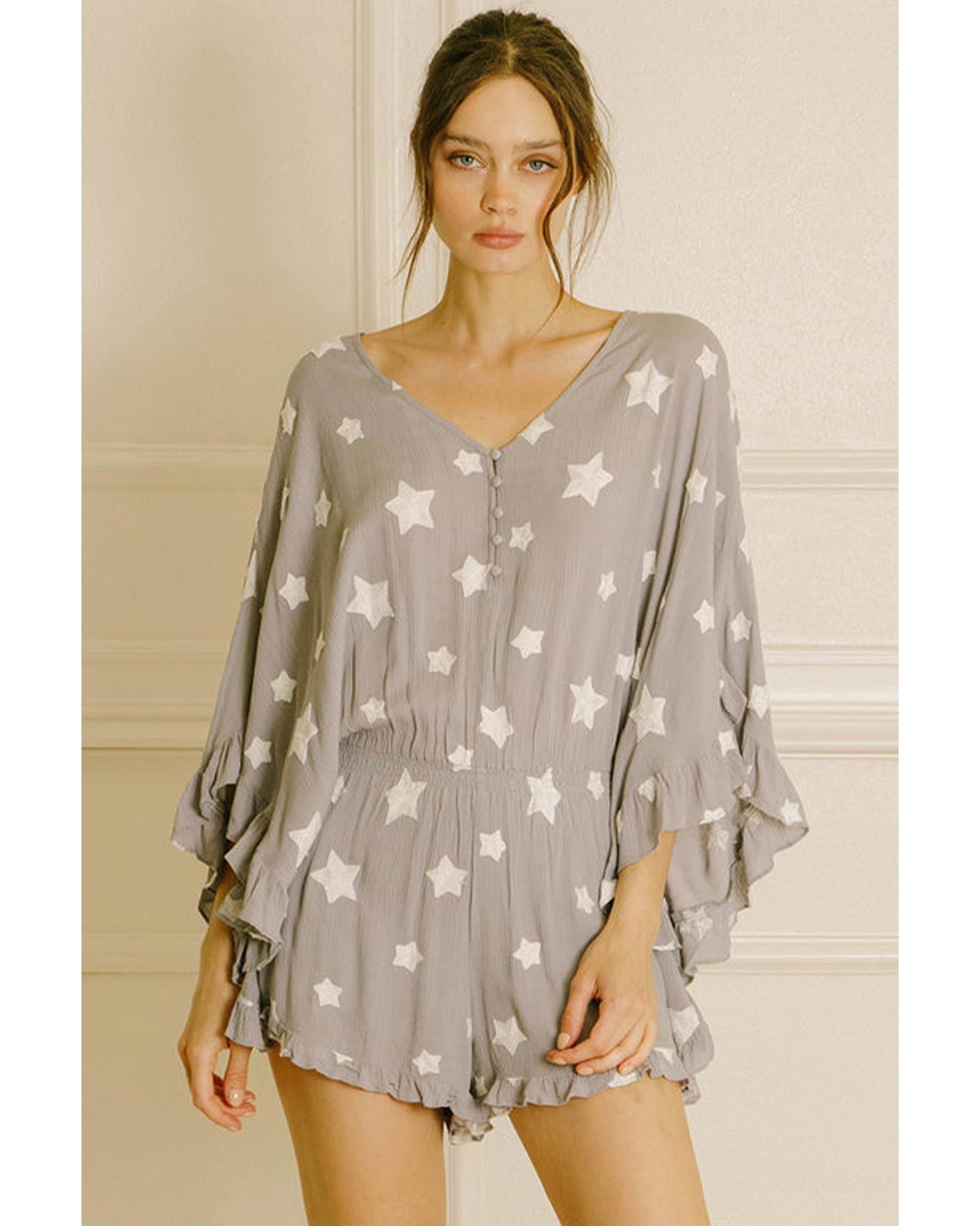 Gray Star Print Crinkle Textured Kimono Ruffle Sleeve Romper - L 3