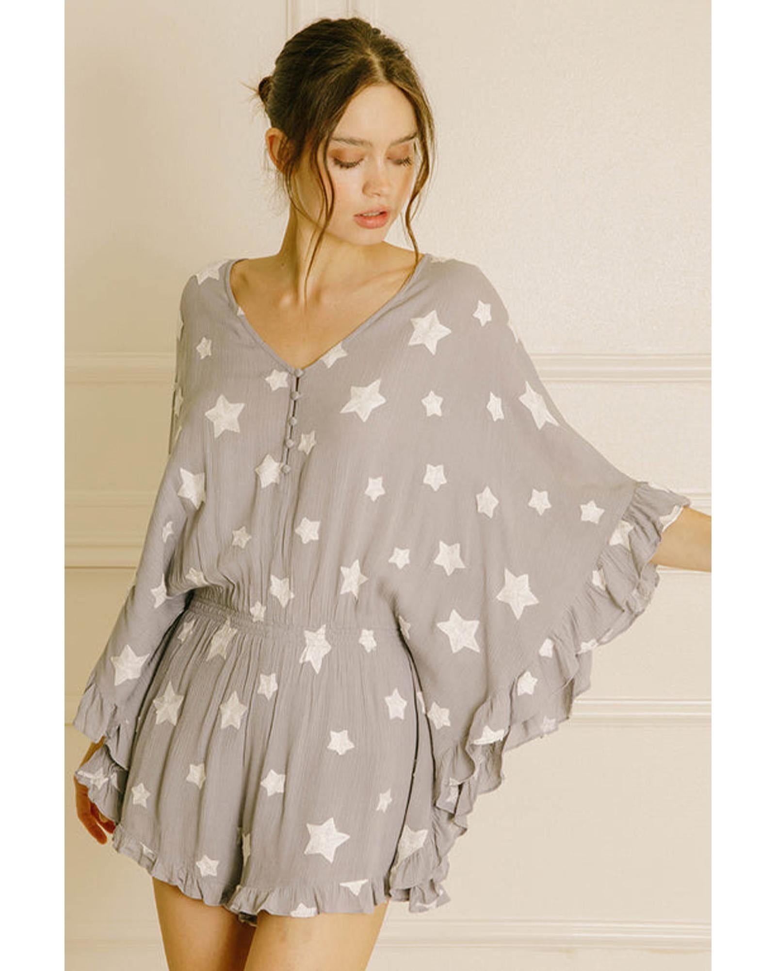 Gray Star Print Crinkle Textured Kimono Ruffle Sleeve Romper - M 5