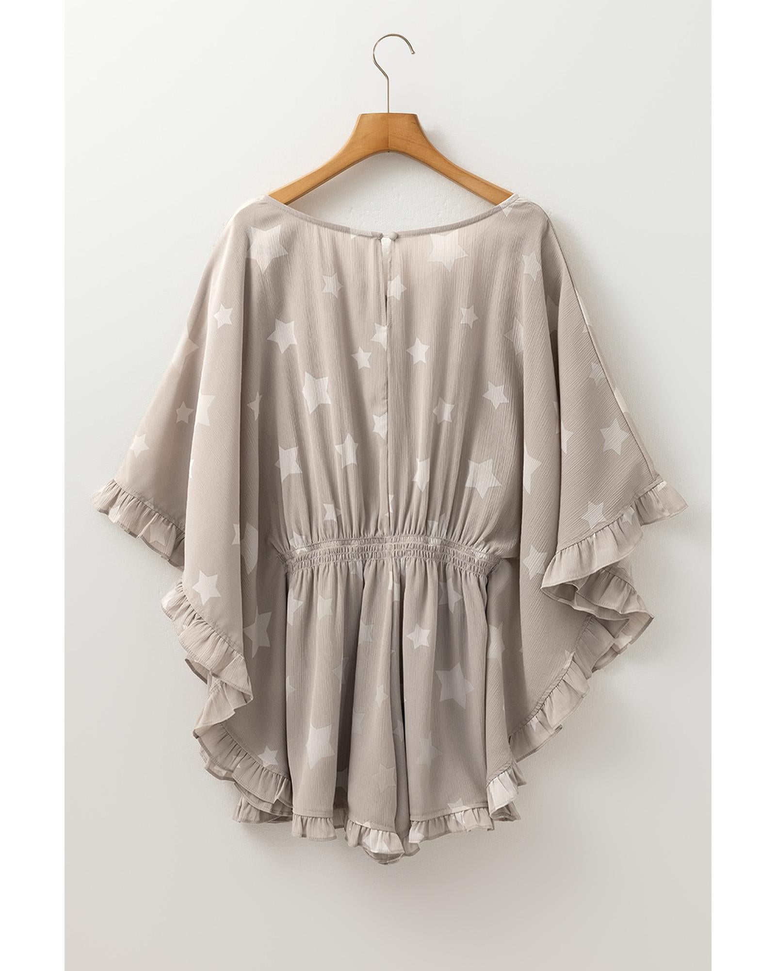 Gray Star Print Crinkle Textured Kimono Ruffle Sleeve Romper - M 7