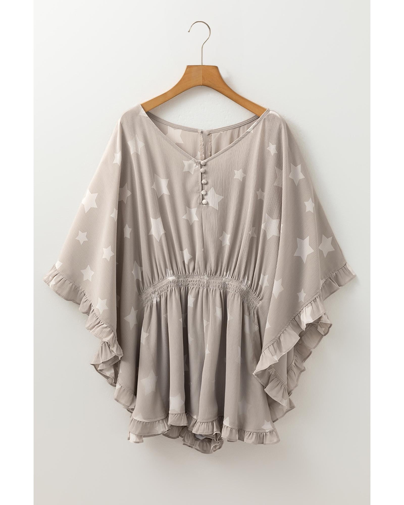 Gray Star Print Crinkle Textured Kimono Ruffle Sleeve Romper - S 6