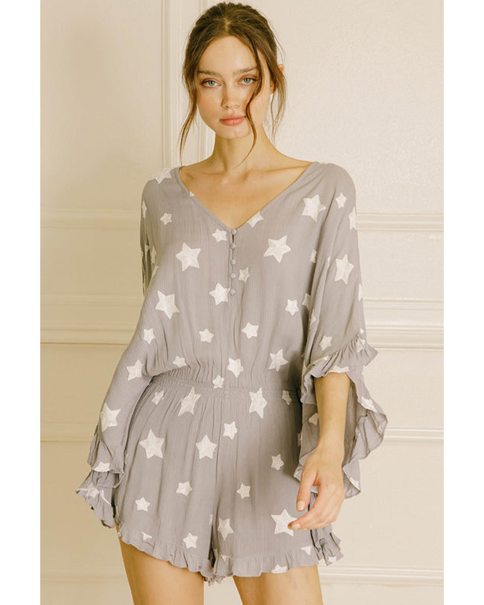 Gray Star Print Crinkle Textured Kimono Ruffle Sleeve Romper - XL 4