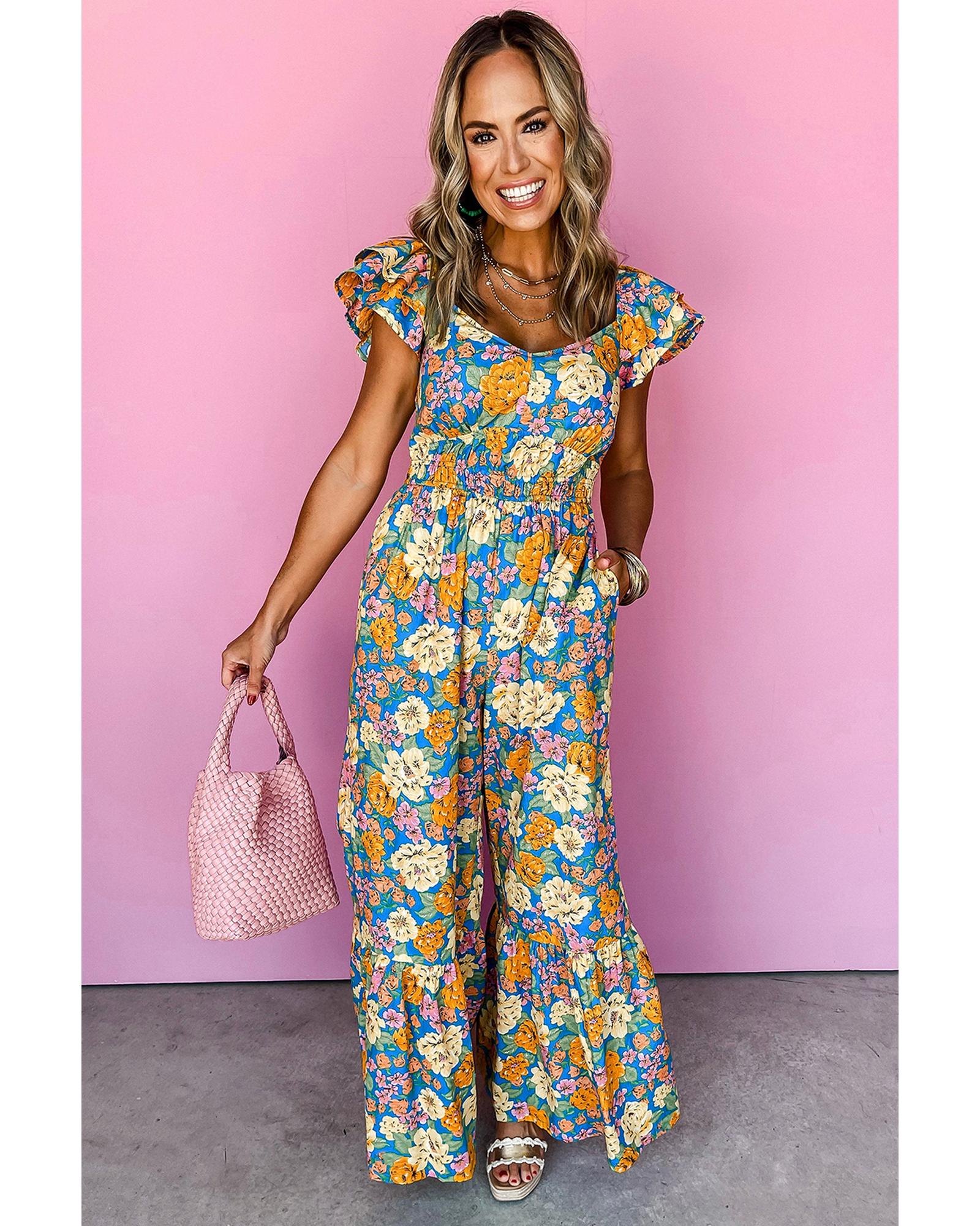 Yellow Floral Allover Print Shirred Cut Out High Waist Jumpsuit - M 3