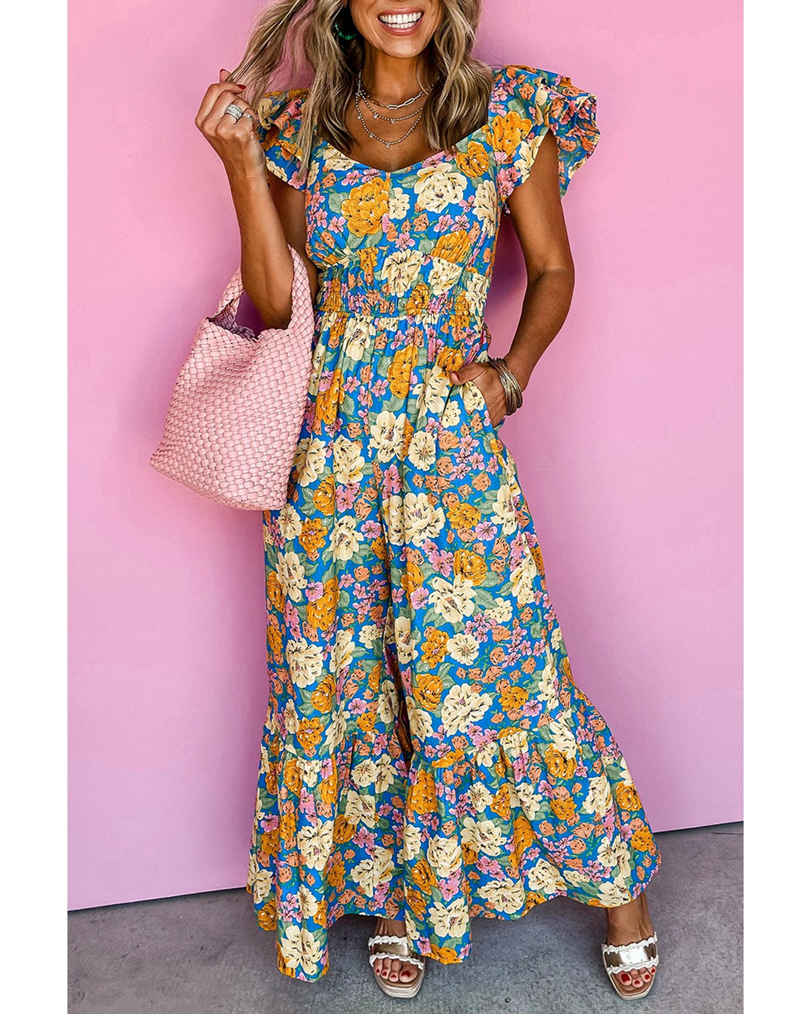 Yellow Floral Allover Print Shirred Cut Out High Waist Jumpsuit - M 4