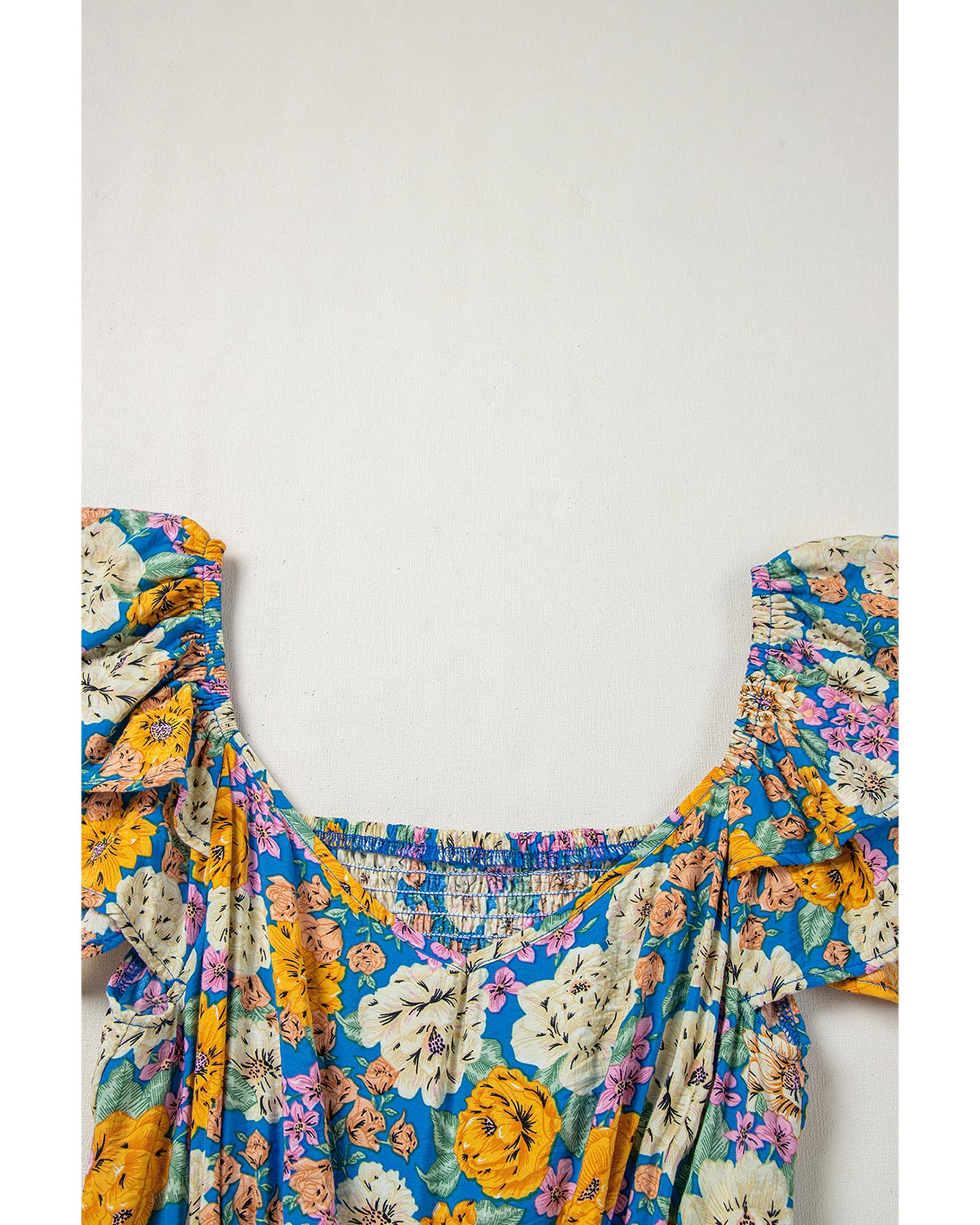 Yellow Floral Allover Print Shirred Cut Out High Waist Jumpsuit - M 6