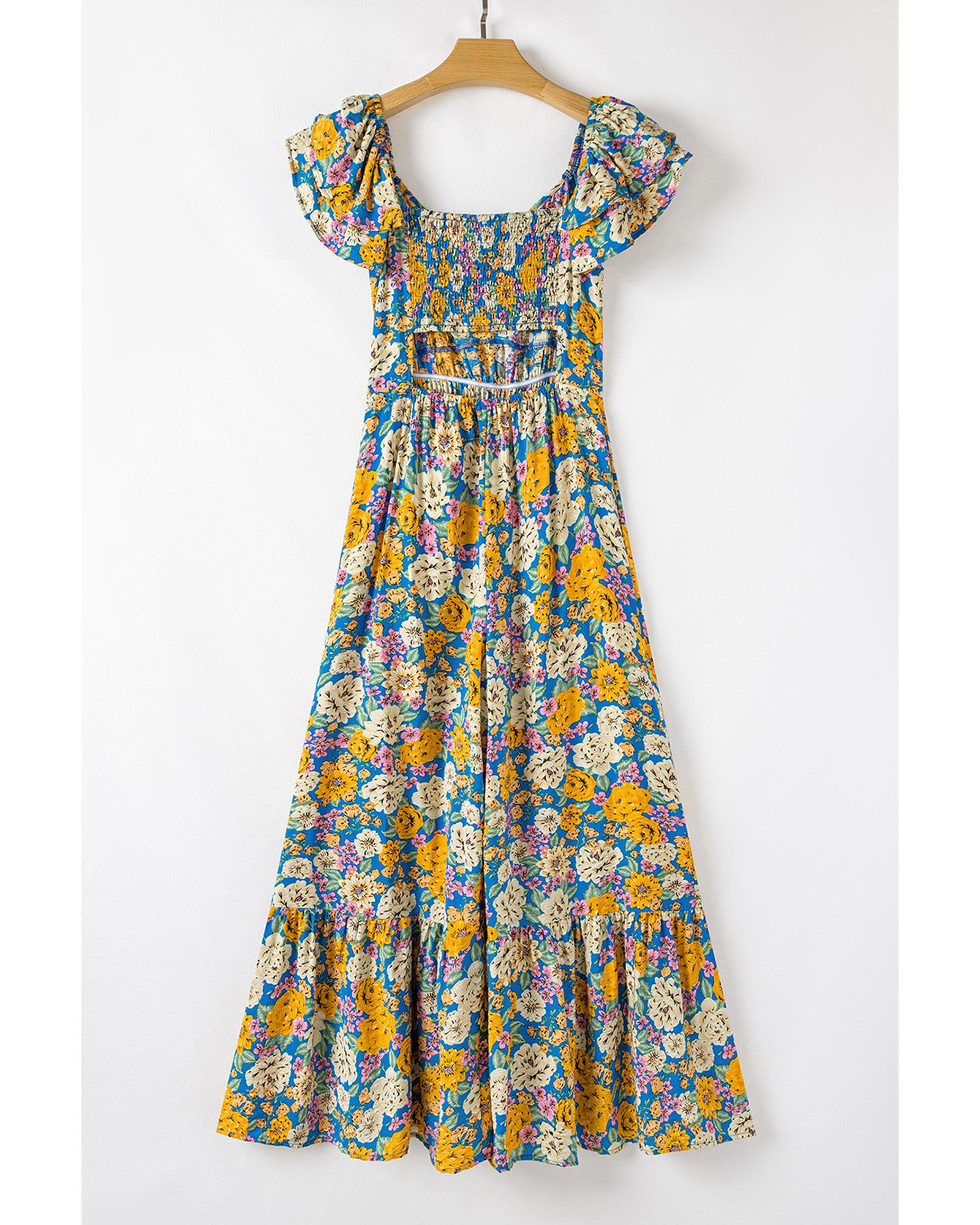 Yellow Floral Allover Print Shirred Cut Out High Waist Jumpsuit - M 7