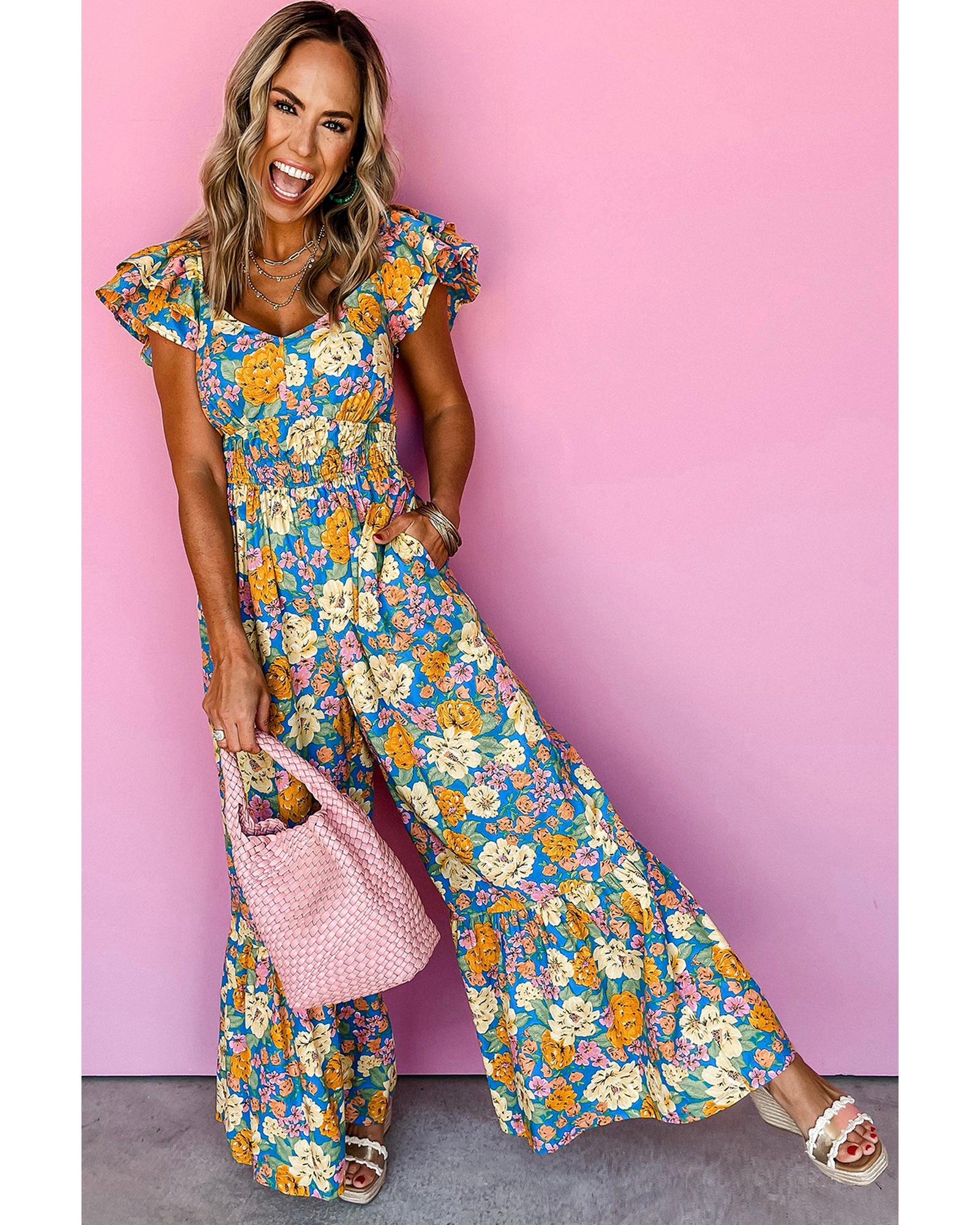 Yellow Floral Allover Print Shirred Cut Out High Waist Jumpsuit - XL