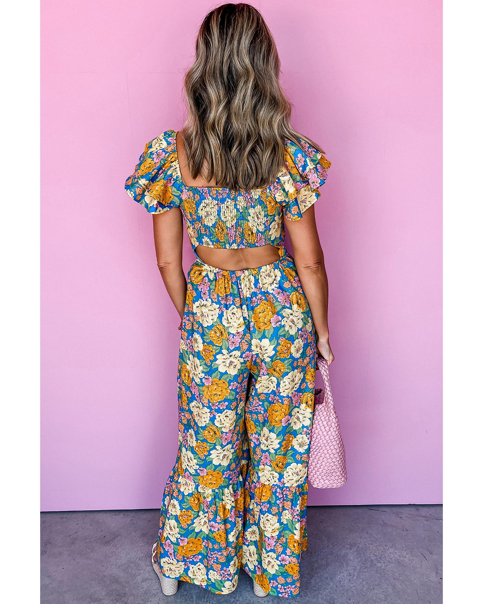 Yellow Floral Allover Print Shirred Cut Out High Waist Jumpsuit - XL 3