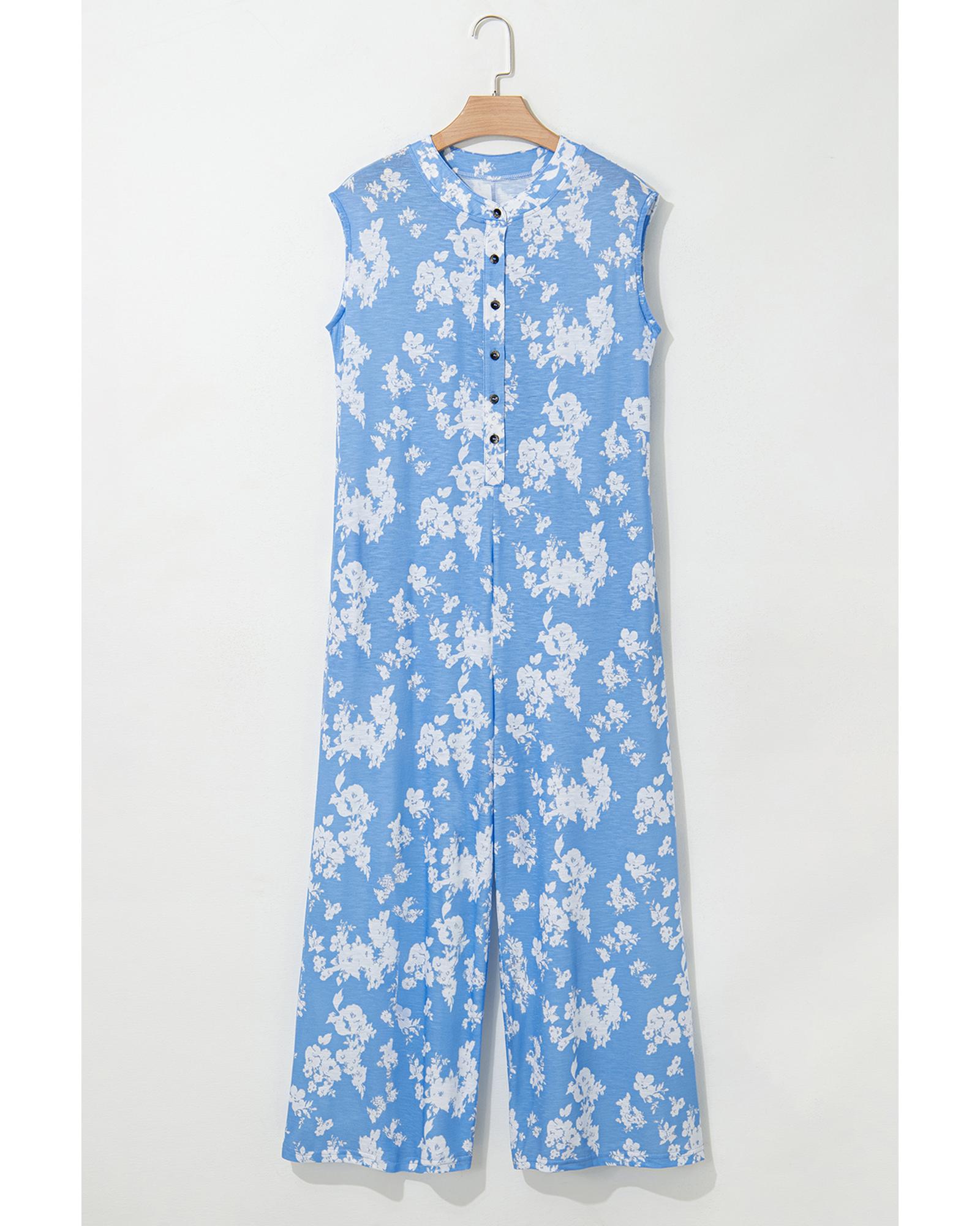Myosotis Floral Print Half Button Wide Leg Relaxed Sleeveless Jumpsuit - XL 3