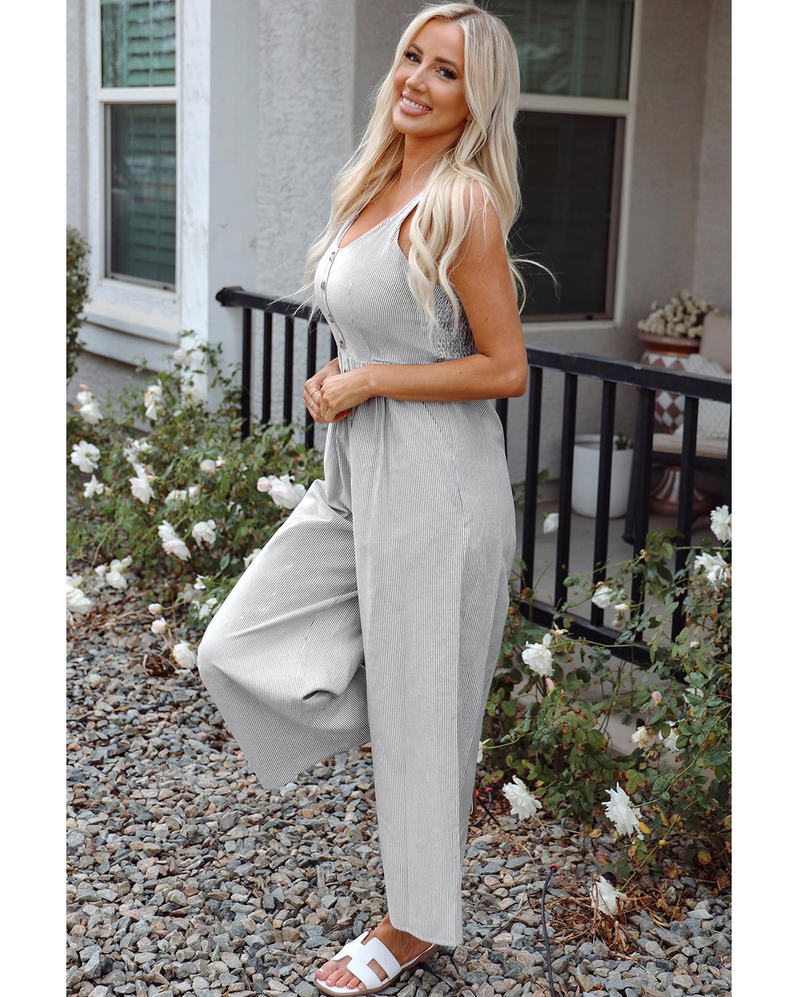 Black Stripe Half Buttoned Sleeveless Wide Leg Jumpsuit - M 3