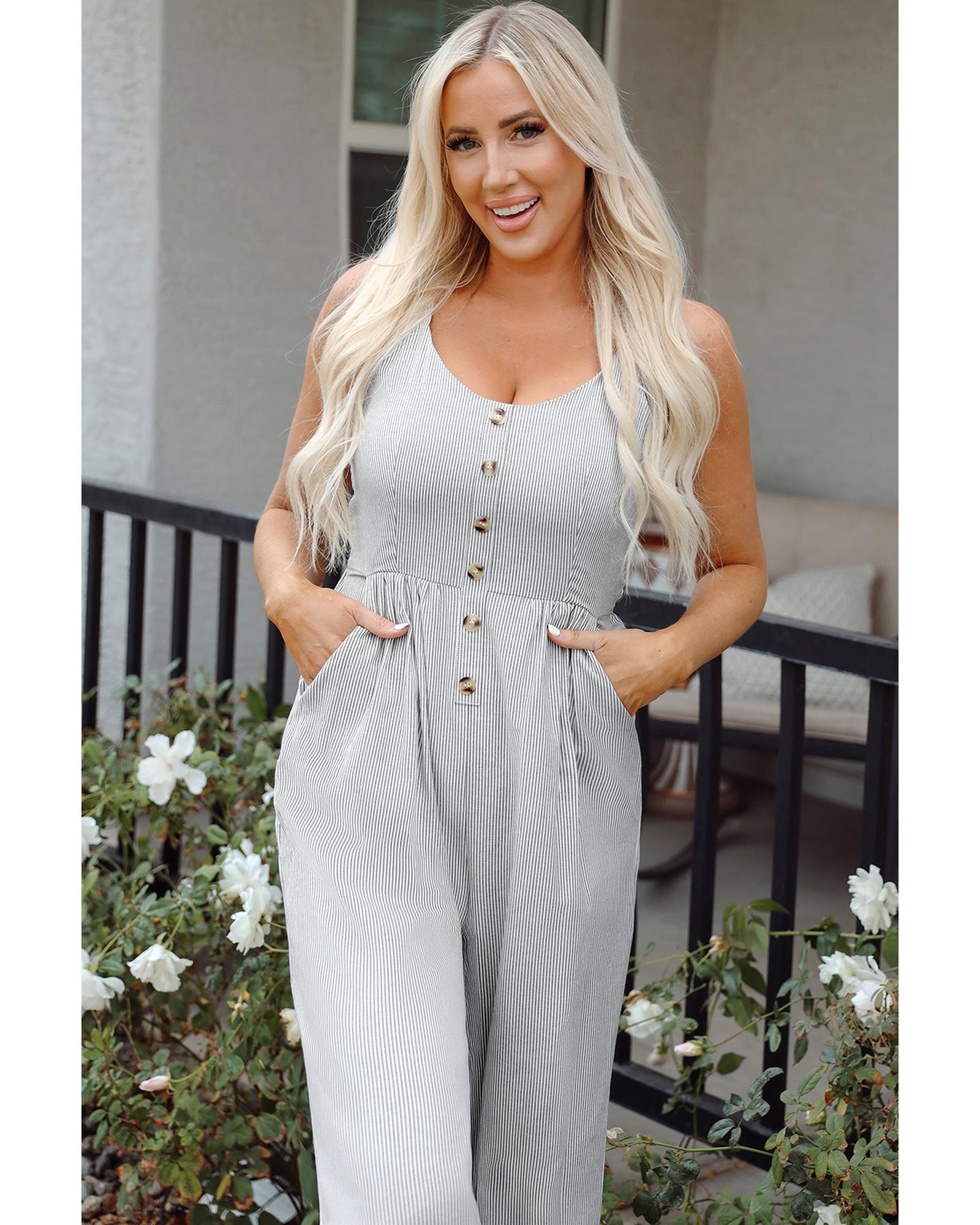 Black Stripe Half Buttoned Sleeveless Wide Leg Jumpsuit - M 4
