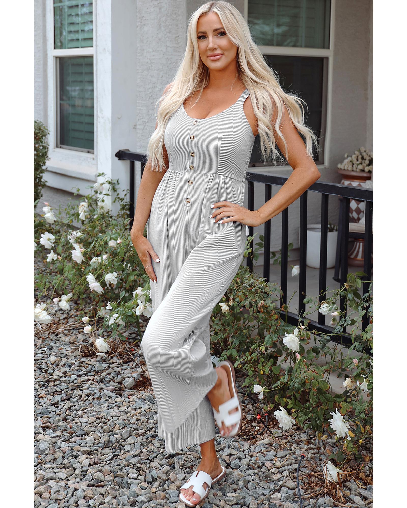 Black Stripe Half Buttoned Sleeveless Wide Leg Jumpsuit - M 6