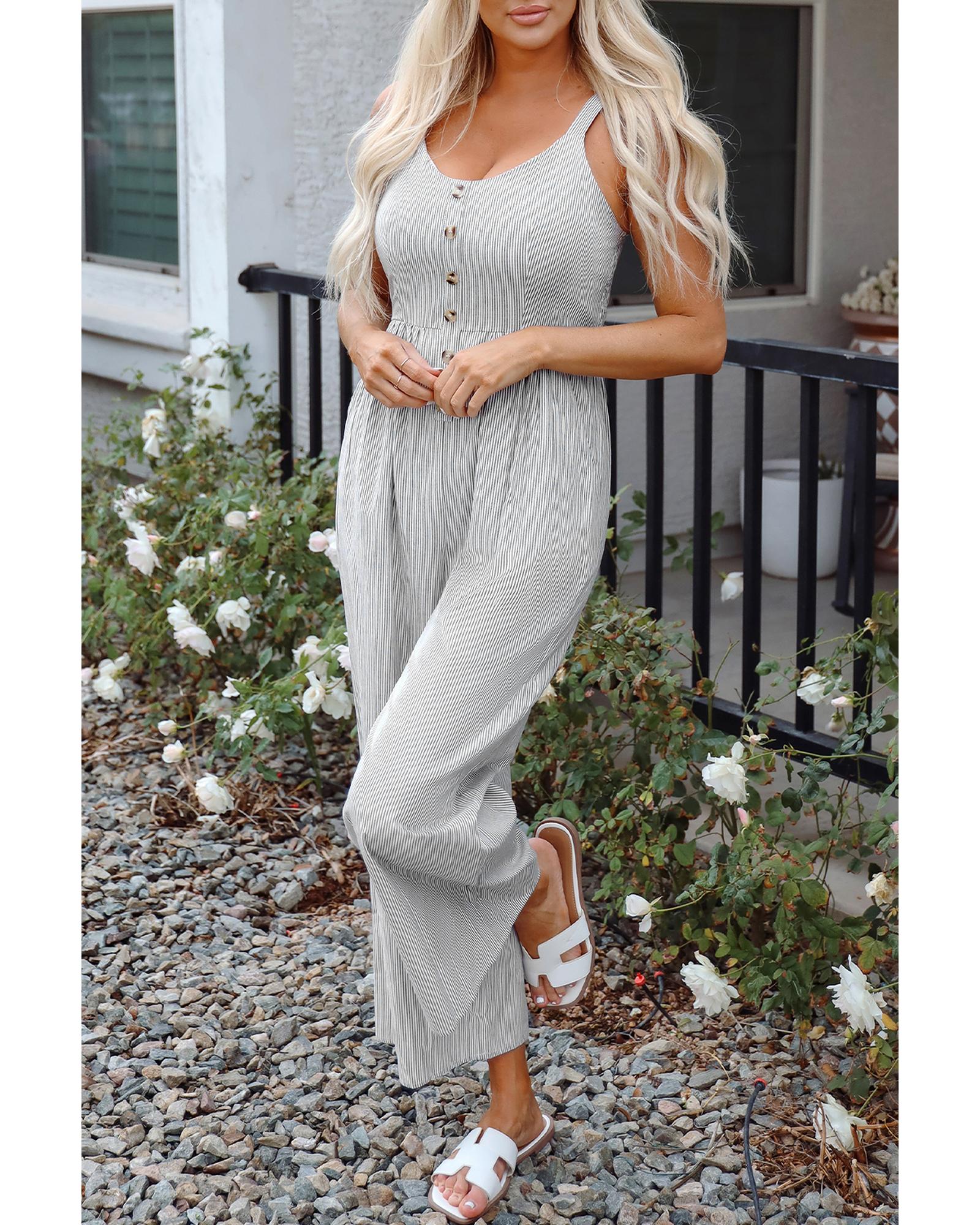 Black Stripe Half Buttoned Sleeveless Wide Leg Jumpsuit - M 8