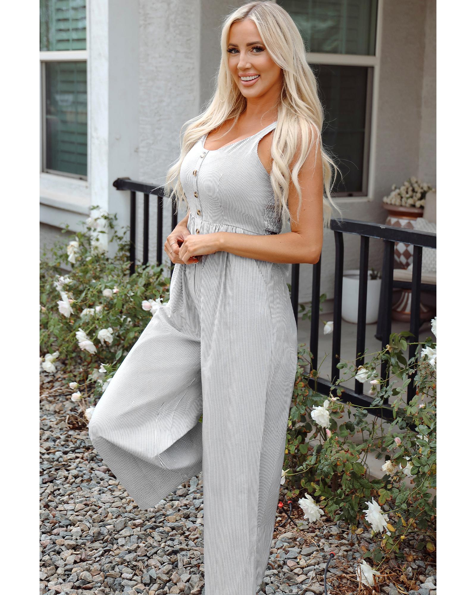 Black Stripe Half Buttoned Sleeveless Wide Leg Jumpsuit - XL 7